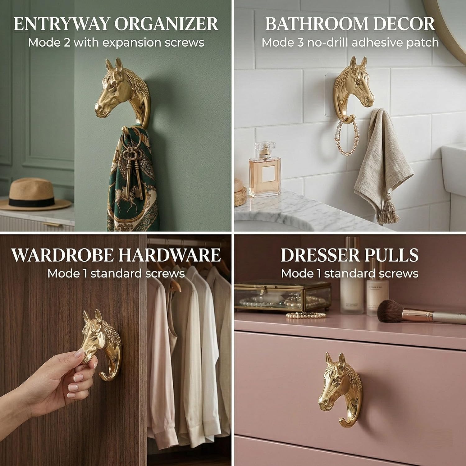 Coat Rack Wall Mounted 2 Pack Brass Horse Head Hook Heavy-Duty Coat Hook Wall-Mounted Bright Gold Pure Copper Coat Hook for Wall for Wardrobe Behind Door Bathroom Bedroom(Length 58mm)
