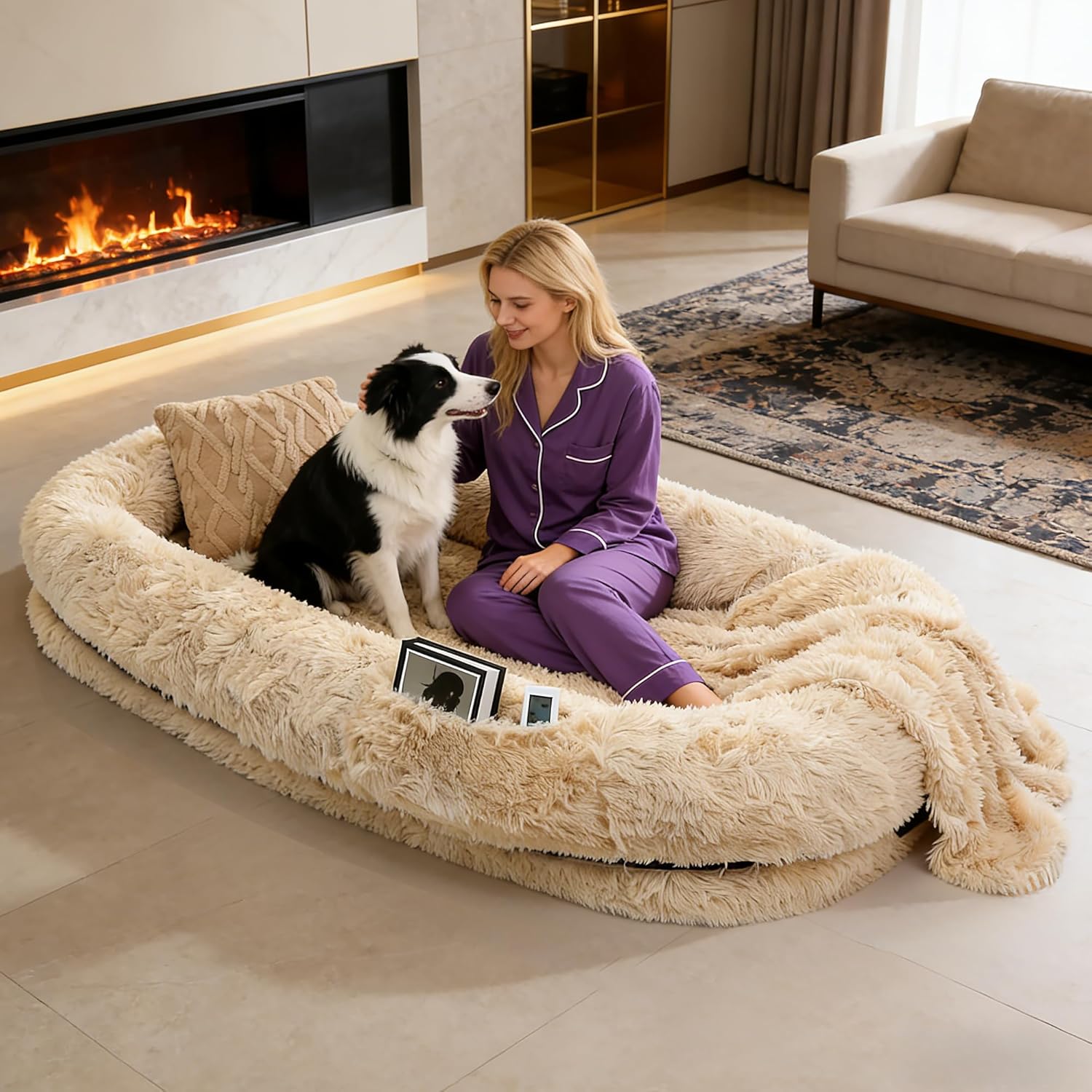 Human Dog Bed with Pillow & Blanket - 71 × 45 × 12 Inch Oversized Pet Bed for Large Dogs, Leak-Resistant Washable Dog Couch Bed for People & Dogs to Share, Soft Long Plush Lounge Pet Sofa - Beige.
