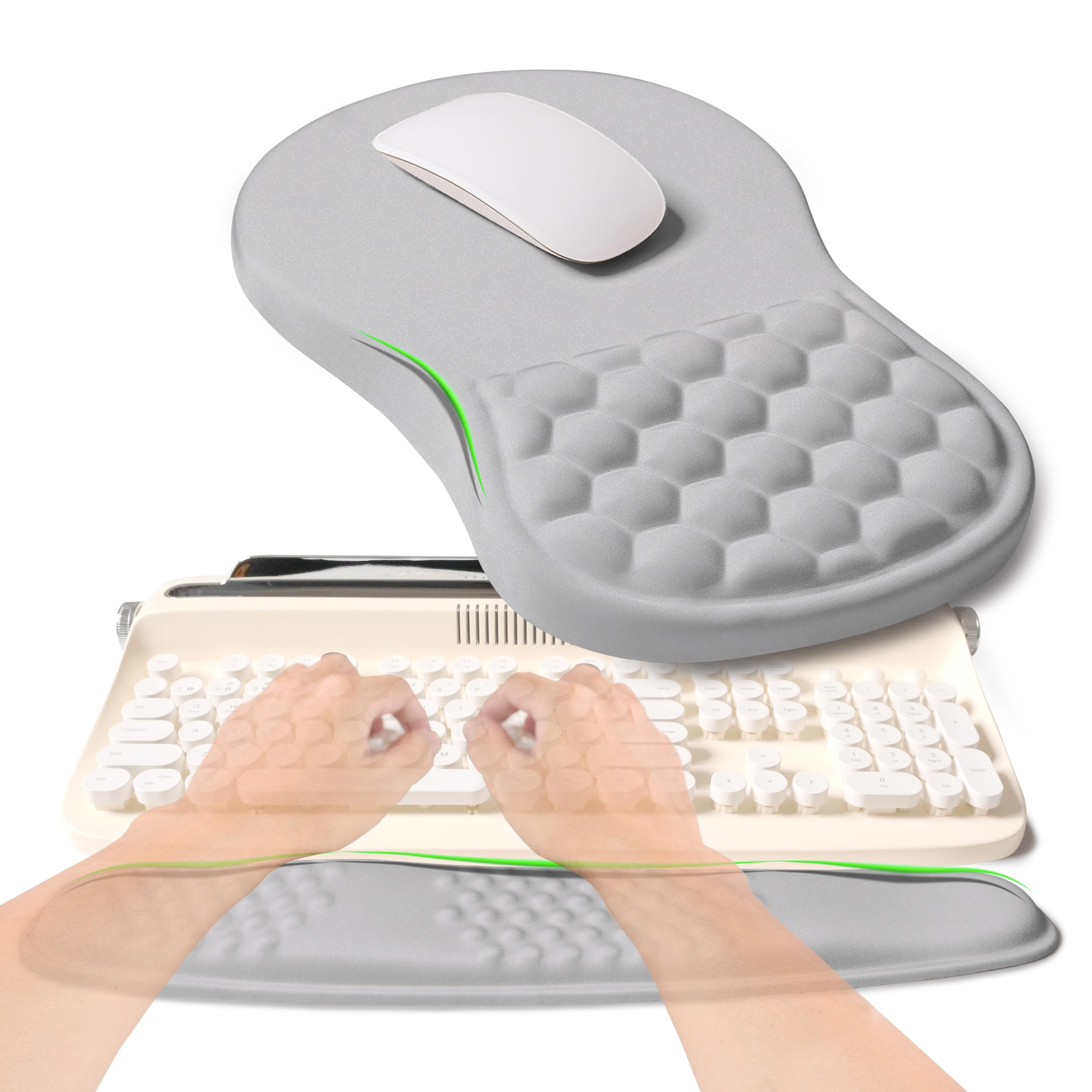 KUOSGM 2-in-1 Ergonomic Set, Wave Rise Keyboard Wrist Rest and Massage Bulge Slope Mouse Pad Wrist Support, Cushion Memory Foam Integrated to Relieve