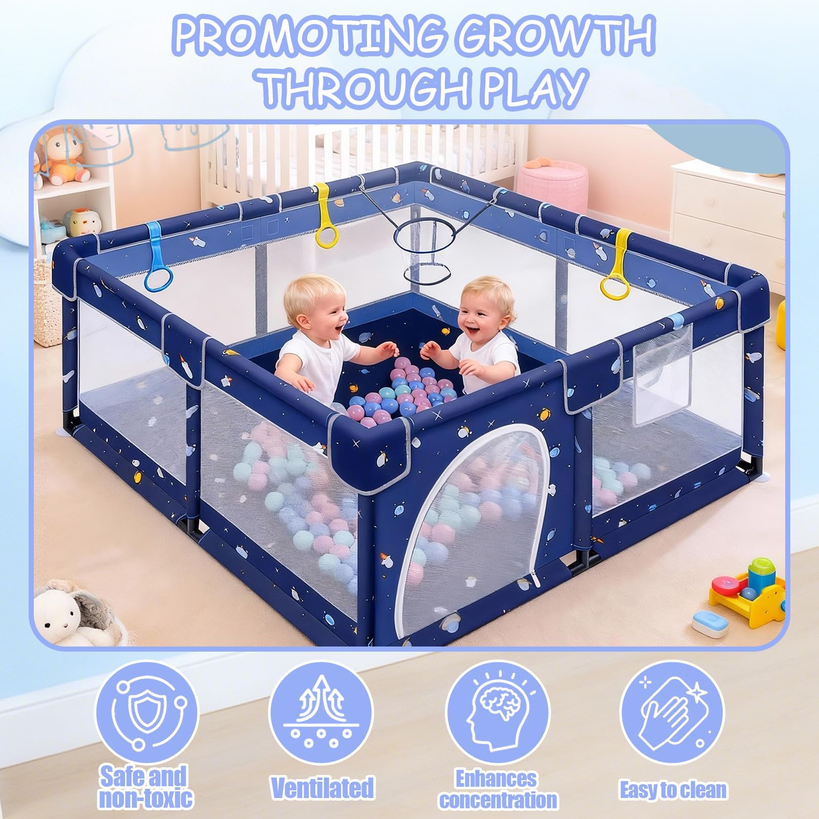 Verdego Laufstall Baby 130 x 130 x 66 cm, Laufgitter Baby, Laufstall Faltbar mit Zugringen, Bällen, 210D Oxford, Atmungsaktivem Netz, Sicherheitsspielplatz Schutzgitter für Kinder (Tiefblau)