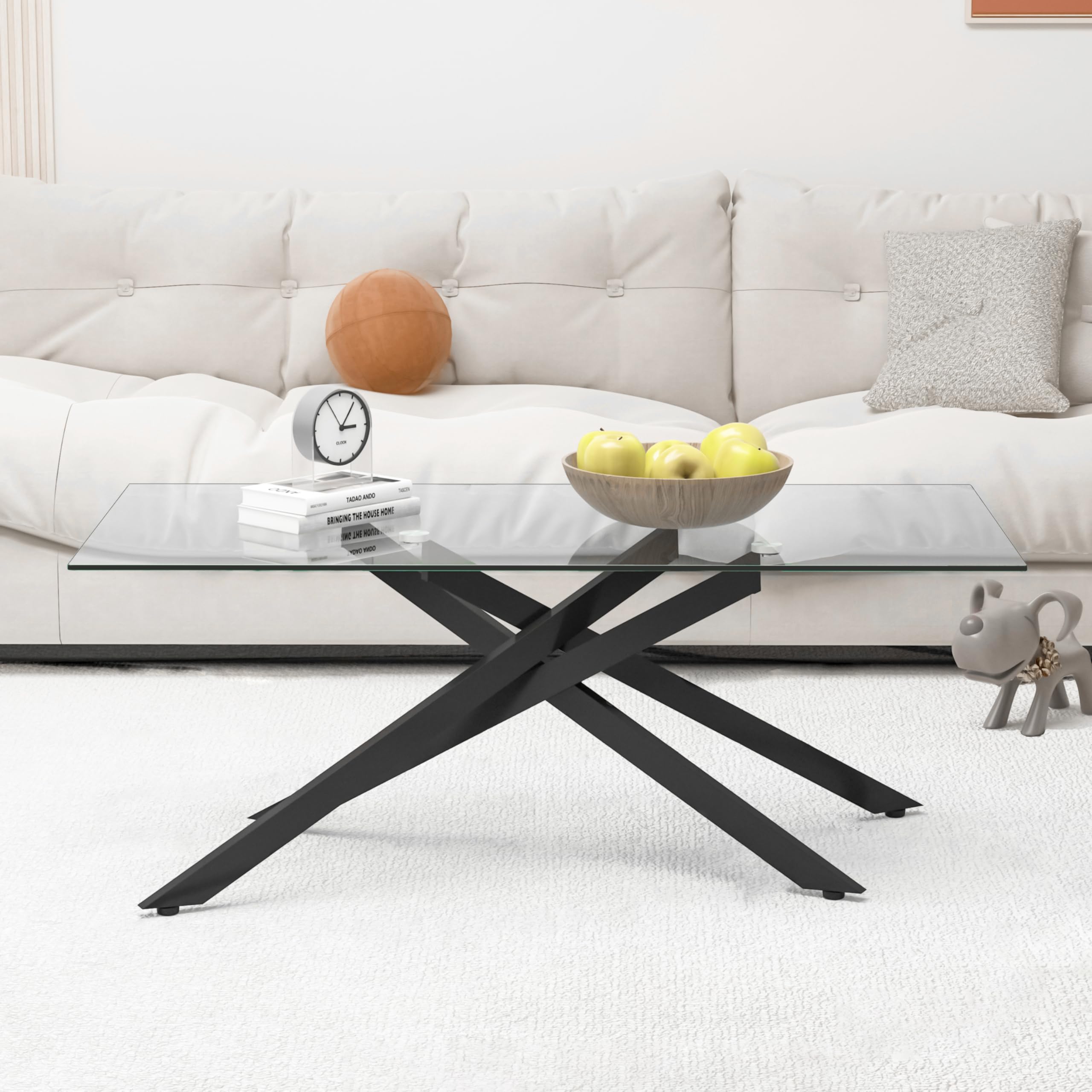 Pvillez47.2" Rectangular Glass Coffee Table, Clear Glass Center Coffee Table with Black Chromed Metal Legs, Modern Accent Sofa Table Cocktail Table for Living Room Apartment