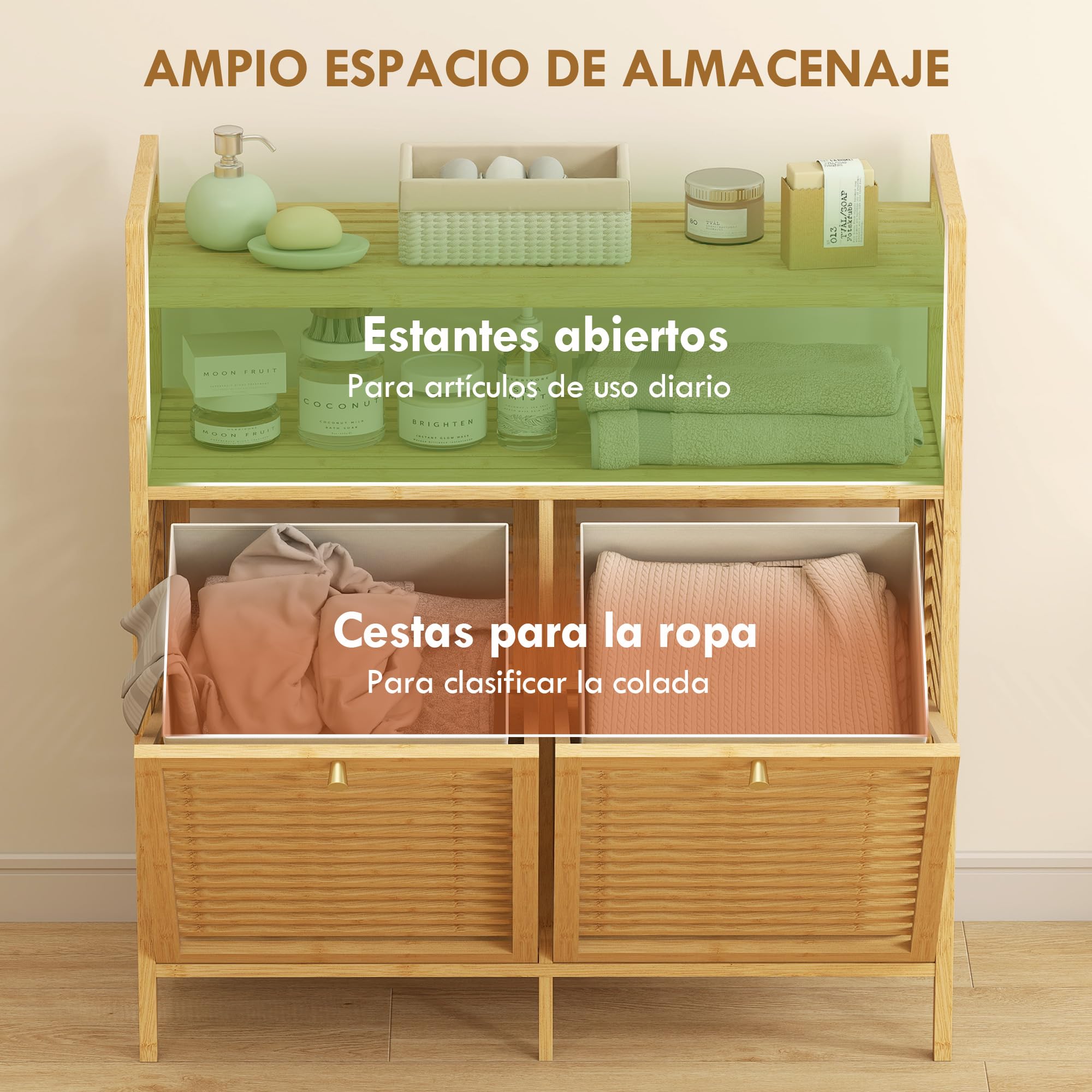 HOMCOM Mueble de Baño con Cesto Ropa Sucia 82x33x88 cm Natural y Crema | Mueble Ropa Sucia de Bambú, 2 Bolsas 2x41 L Extraíbles y Lavables con Asa, 2 Estantes Abiertos, para Lavadero