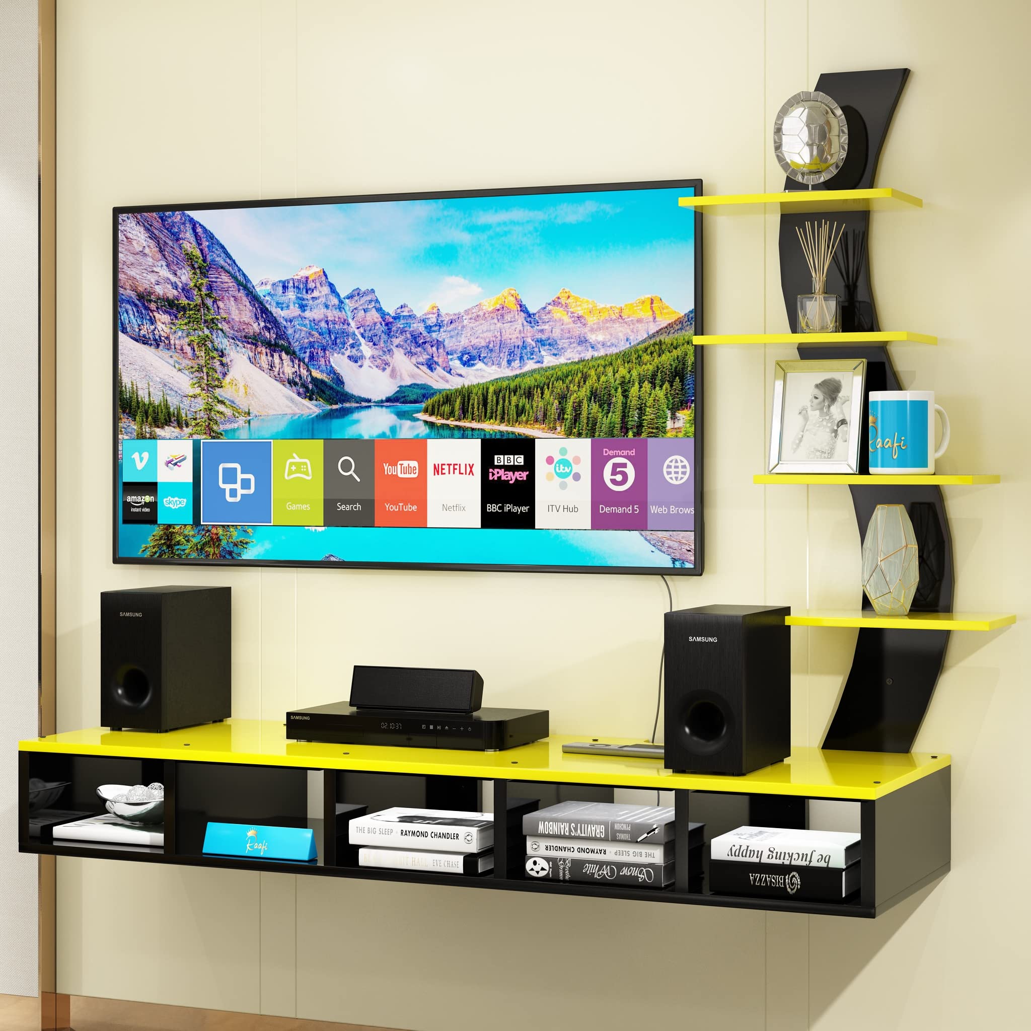 Raafi Wooden Wall Mounted TV Unit, Cabinet, with TV Stand Unit Wall Shelf for Living Room (100 CM Yellow & Black)-image-40