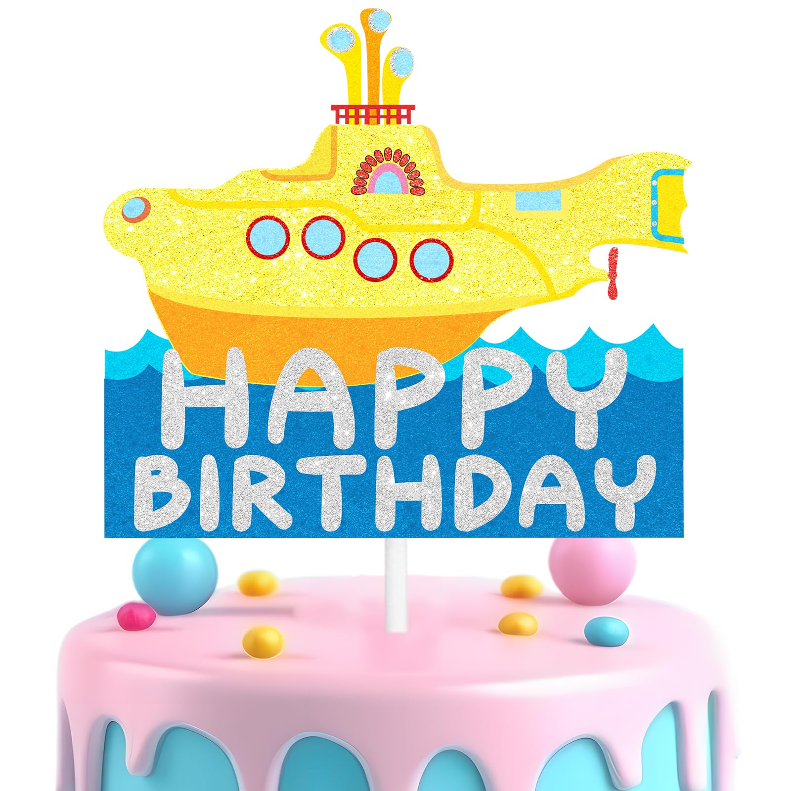 Yellow Glitter Submarine Happy Birthday Cake Decoration - a popular theme birthday party and music themed party decoration supplies - LIANGSS