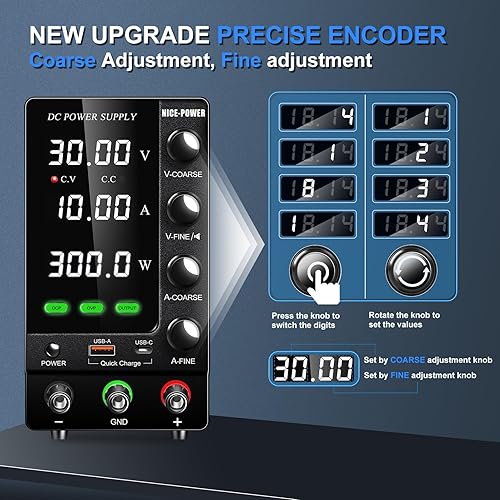 Miniatura 5 de NICE-POWER Fuente de alimentación de CC variable 30V 10A, fuente de alimentación de banco de CC regulada ajustable con OCPOVPSalidacodificador18W