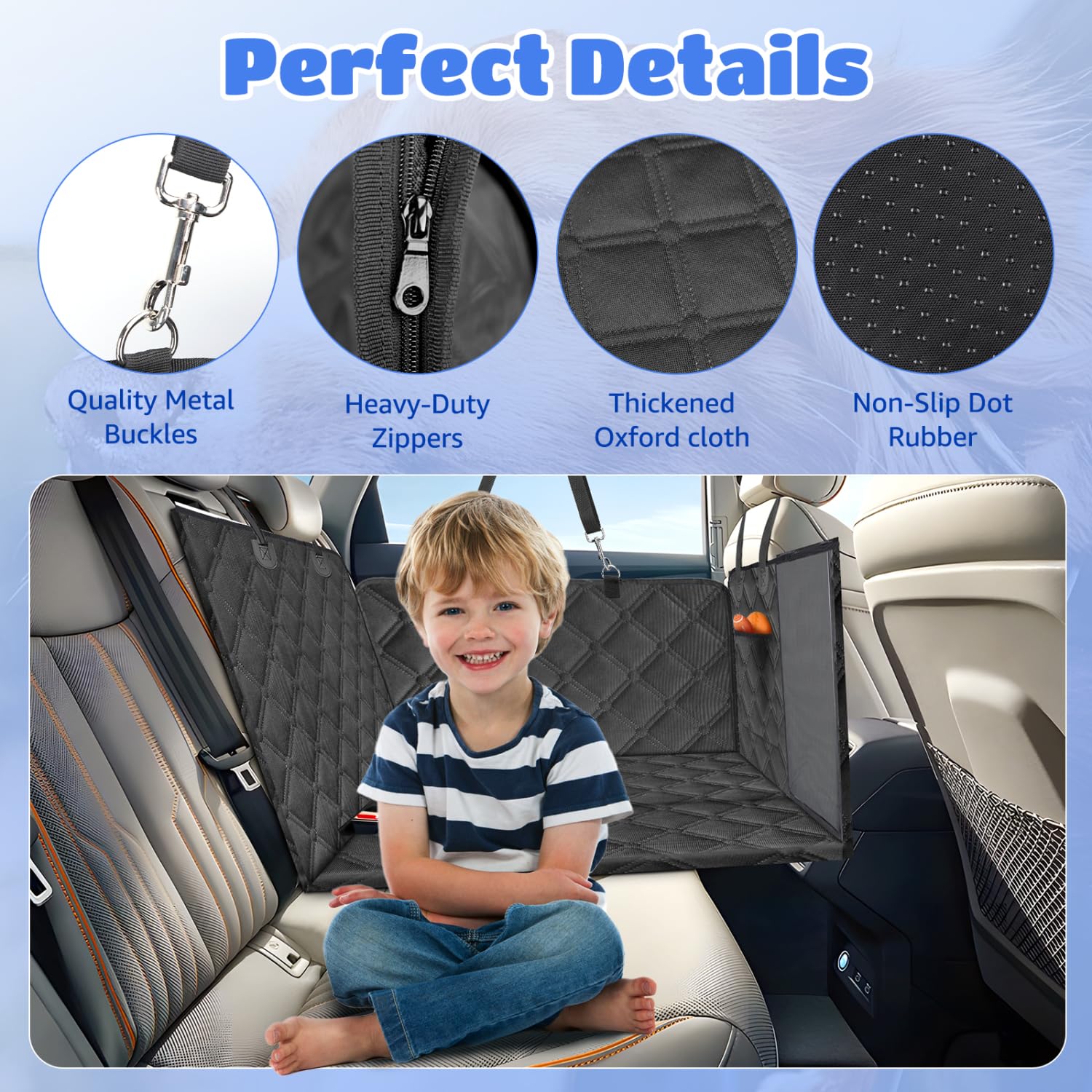 Nobleza - Extensor Asiento Perro 164x131cm con Parte Inferior Dura Removable, Funda Coche Perro Impermeable con Ventana Malla, 2 Bolsillos Grandes, Hamaca Coche, Negro