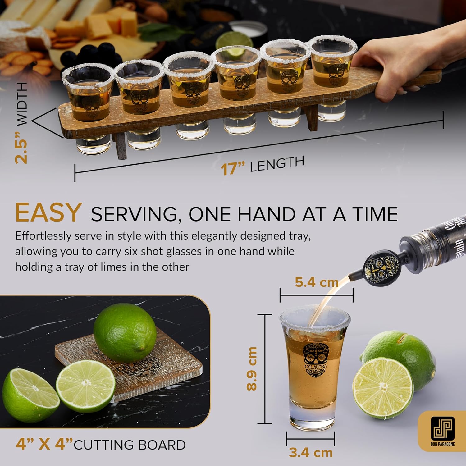 Calavera Tequila Shot Board Set - Fine Oak Wood Shot Glass Holder Tray with 6 Tequila Shot Glasses, Cutting Board, Lime Knife, Salt Tin, Bottle Pourer - Tequila Gifts for Tequila Lovers