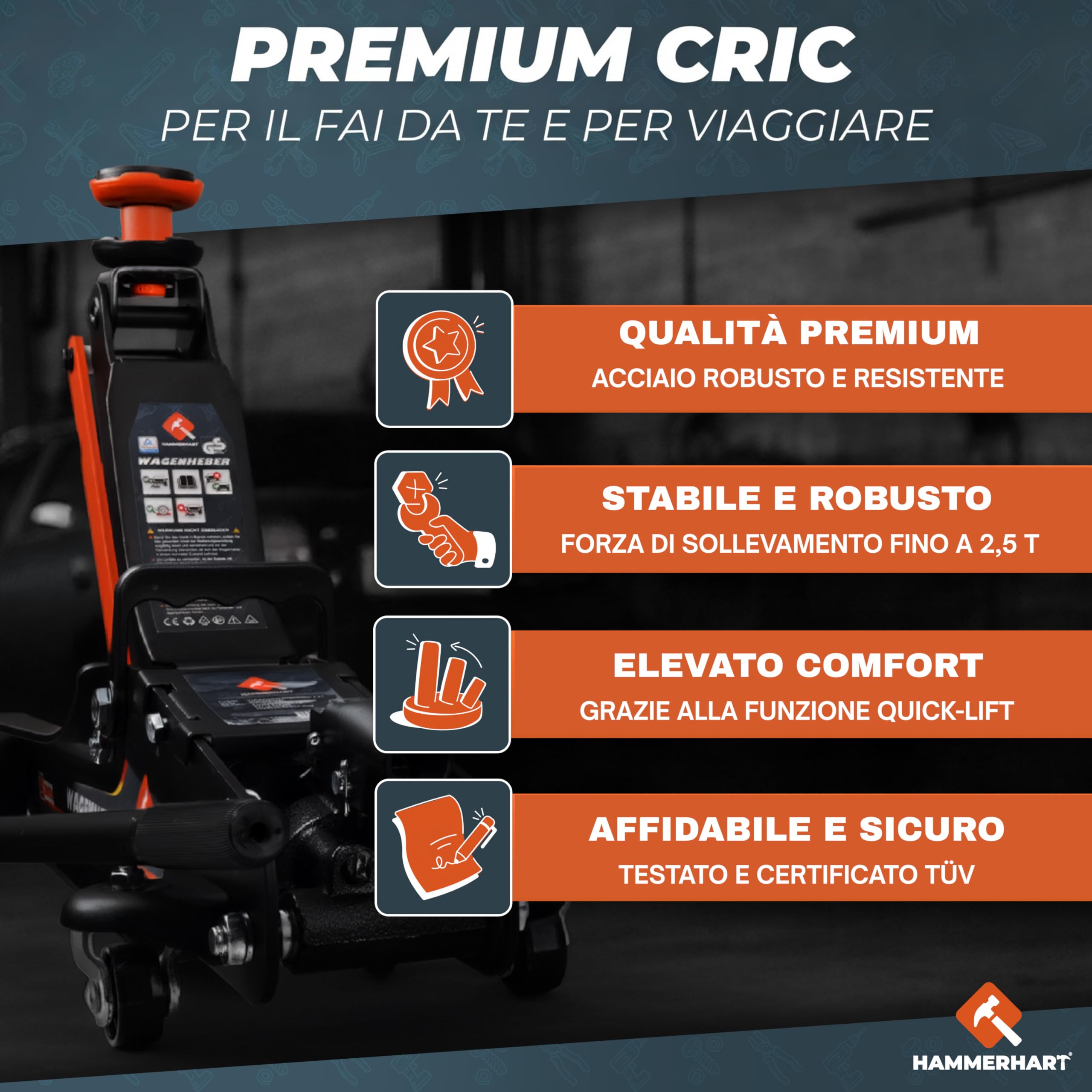 Cric per auto 2,5 tonnellate | Sollevatore auto certificato TÜV con altezza di sollevamento da 85 a 384 mm | Cric idraulico premium con ruote a 360° e doppio pistone | Cric supporti in gommae valigett