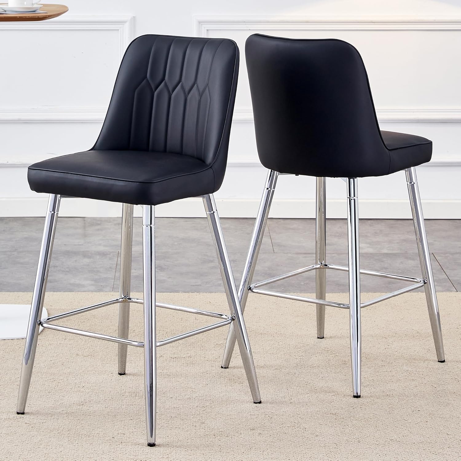 Bar Stools Set of 2,Counter Height Bar Stools with Back,Modern Faux Leather Kitchen Stools,27"Black Barstools with Stable Metal Leg,Armless Counter Height Chair for Kitchen Island,Coffee Corner
