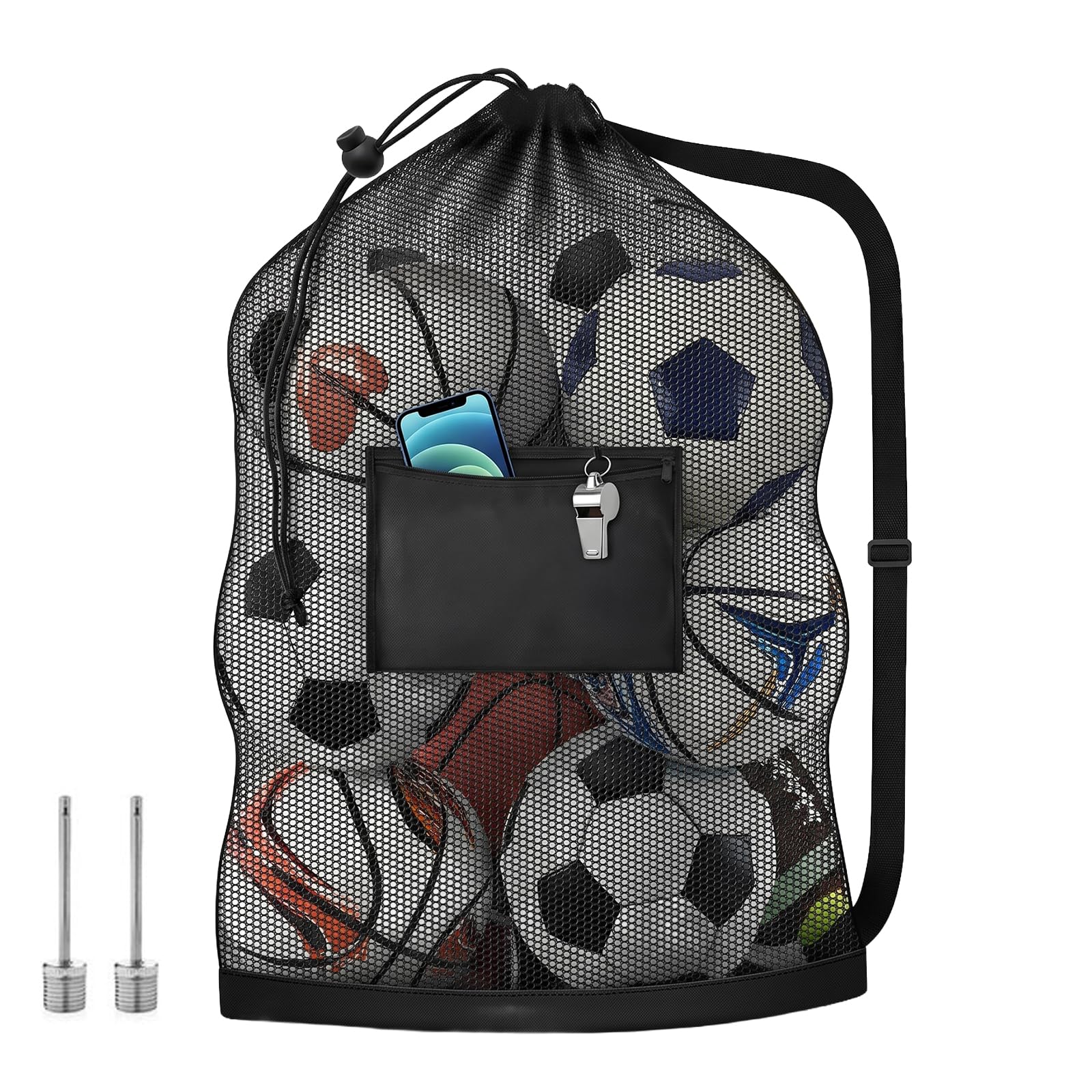 Bomxmon Extra Large Mesh Ball Bag, Drawstring with Adjustable Shoulder Strap for Basketball, Football, Volleyball (Black)