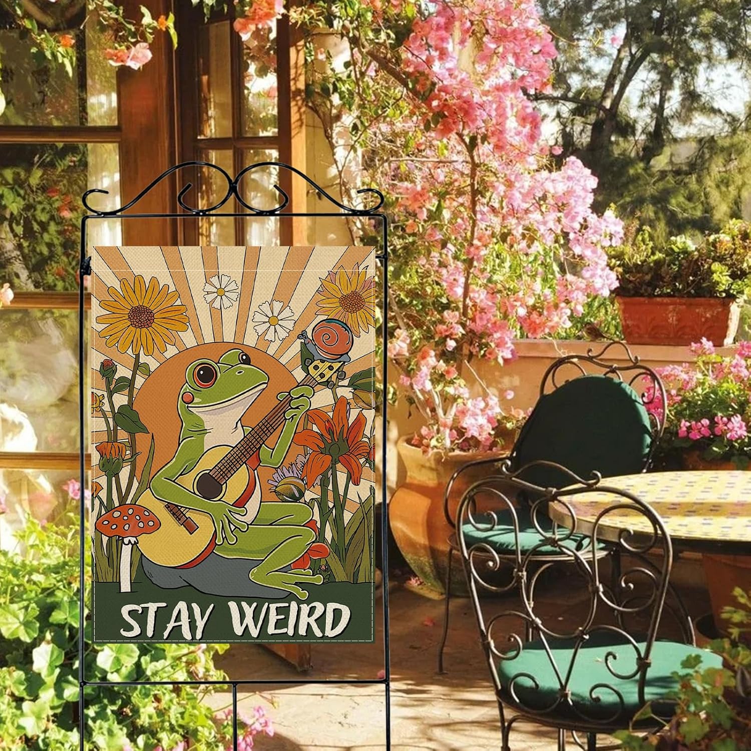 Dyrenson Stay Weird Frog Guitar 28 x 40 House Flag Double Sided, Vintage Hippie Floral Mushroom Sunshine Garden Yard Decoration, Retro Snail Spring Summer Burlap Outdoor Decor Decorative Large Flag