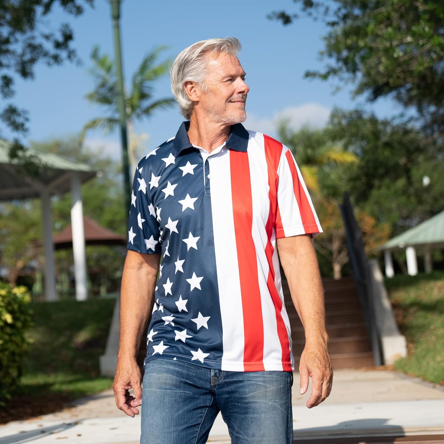 Men's Performance American Flag Polo Shirt | Pull-On Closure American Flag Golf Shirt | USA 4th of July Golf Shirts for Men