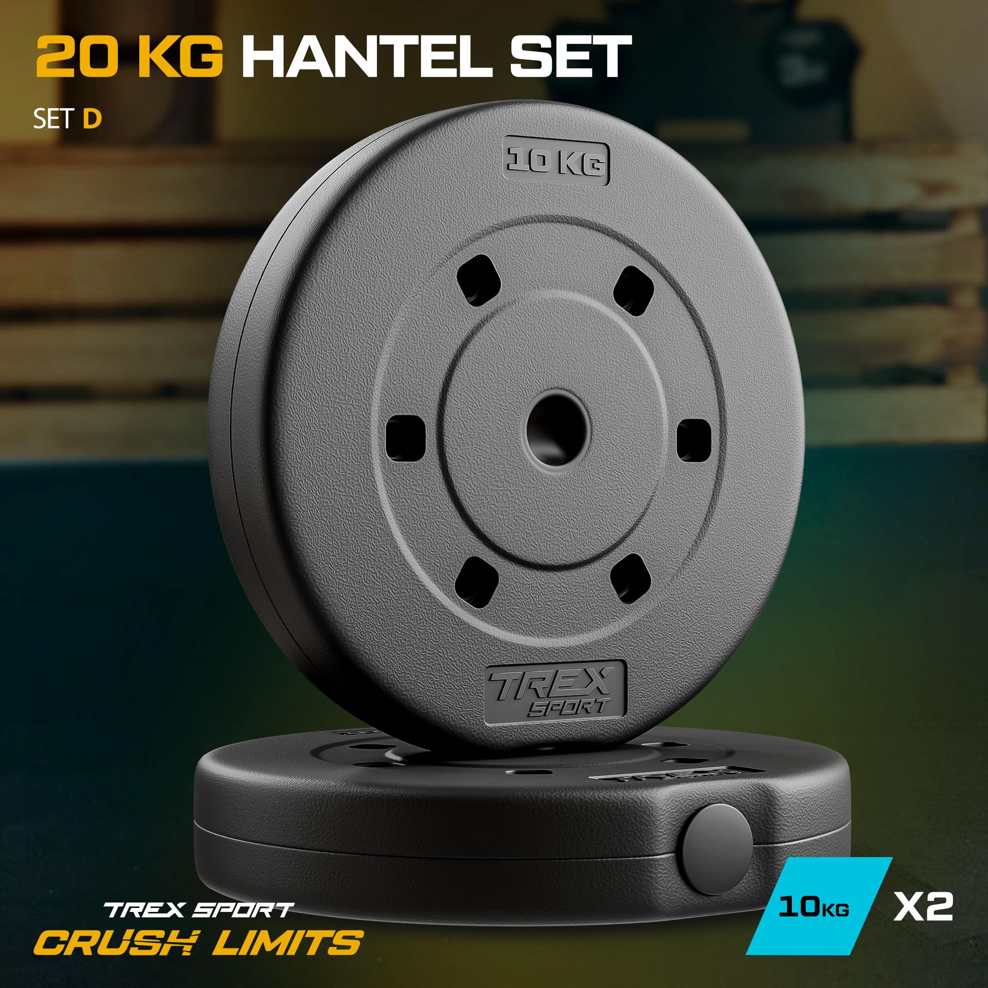 TREX SPORT Hantelscheiben Set 20 kg | Kunststoff Gewichte 2x10 kg 27 mm | Abgeschrägte Kante, Sand-Zement-Füllung, für Langhantel, Gewichtsscheiben für Krafttraining und Fitness zuhause