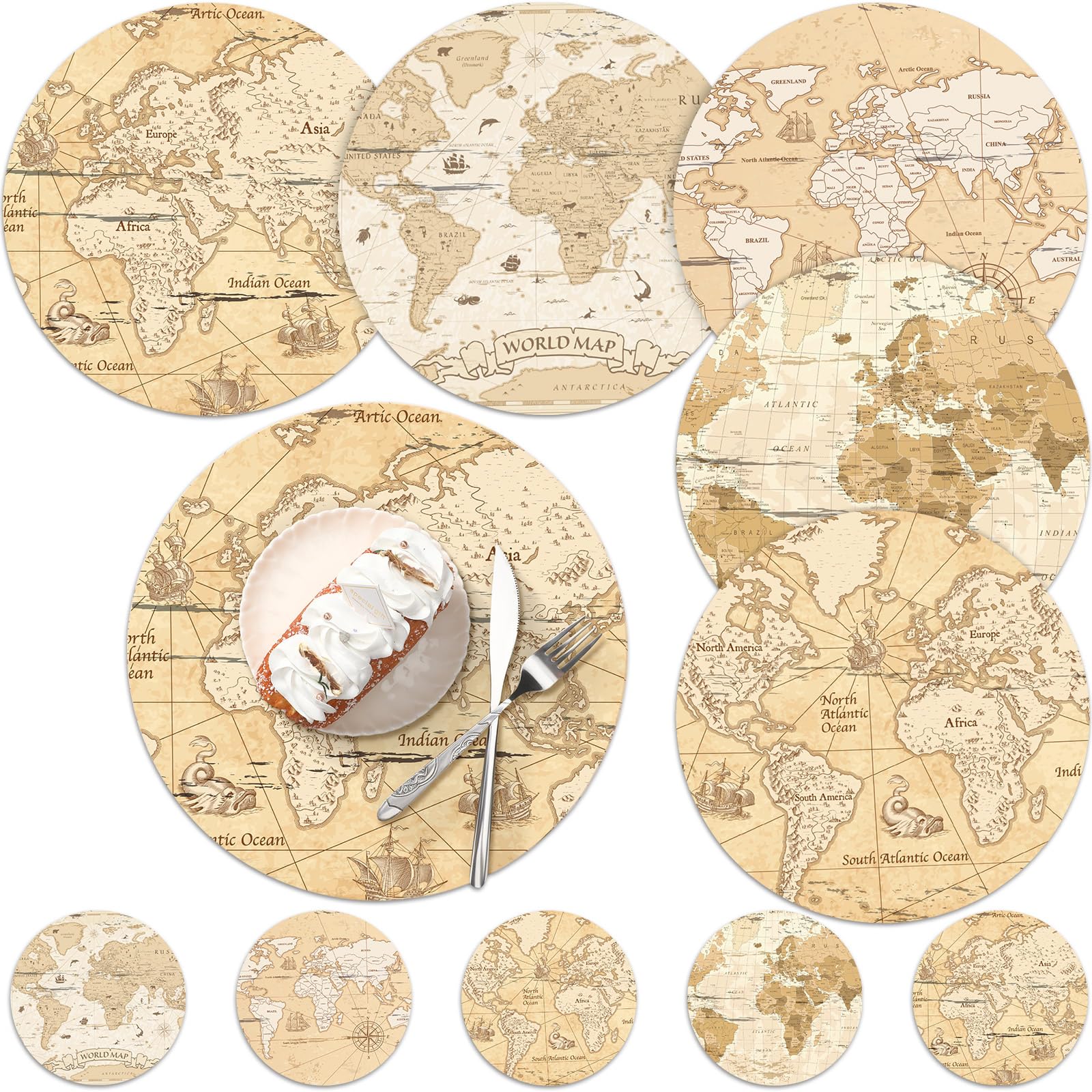 Eaasty 50 Disposable World Map Paper Placemats Vintage World Map for Old Paper Retro Style Decorative Travel Adventure Table Mat for Geography Learning Education Traveler Theme Crafts (12.6 x 12.6'')