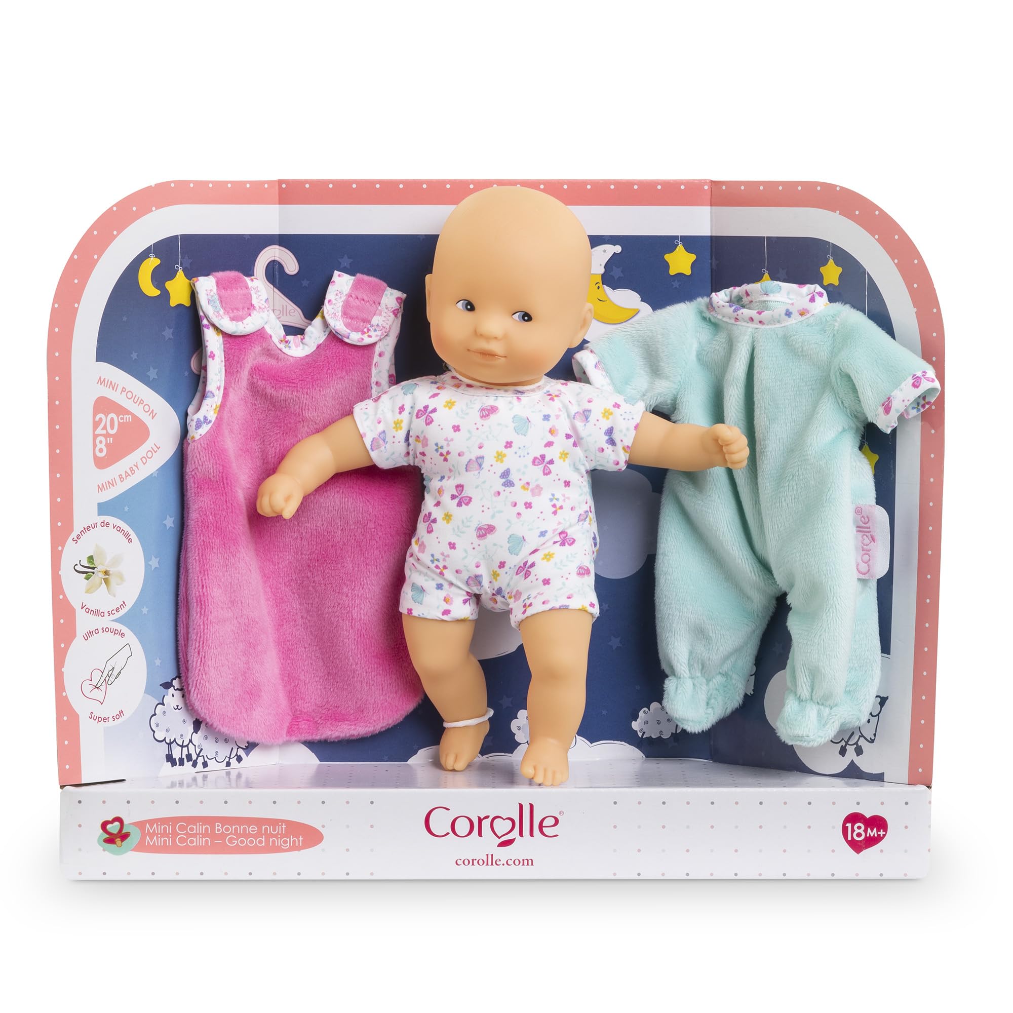 Corolle Mon Premier Poupon Mini Calin Gute Nacht Set, Weichkörperpuppe in süßem Strampler, mit extra Pyjama, Schlafsack, Vanilleduft, 20cm, ab 18 Monaten