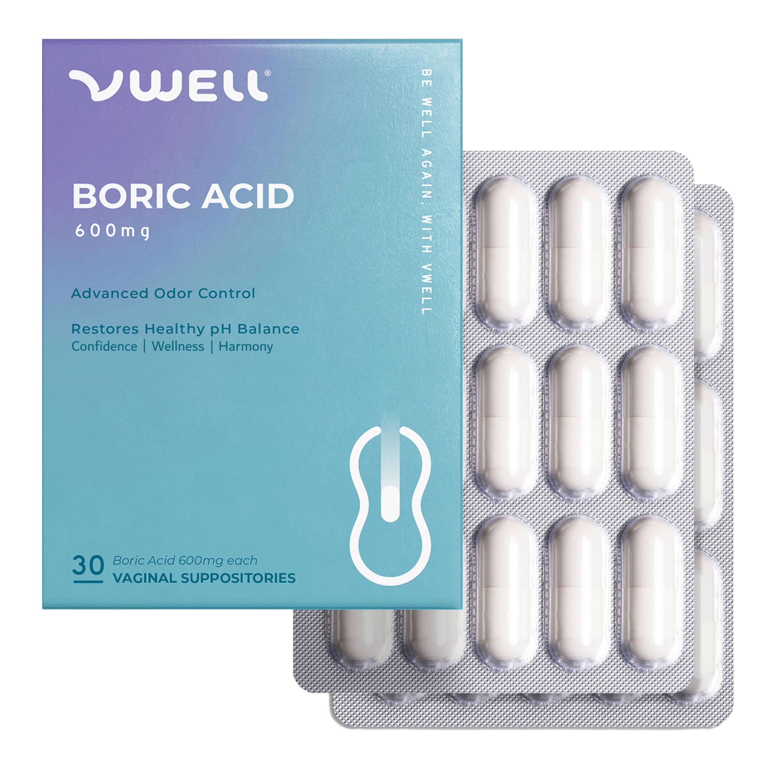 VWELL Boric Acid Vaginal Suppositories - Homeopathic Solution Maintains and Balances Healthy Vaginal pH & Microbiome Intimacy - Doctors Recommended (One Size, 30, Count)