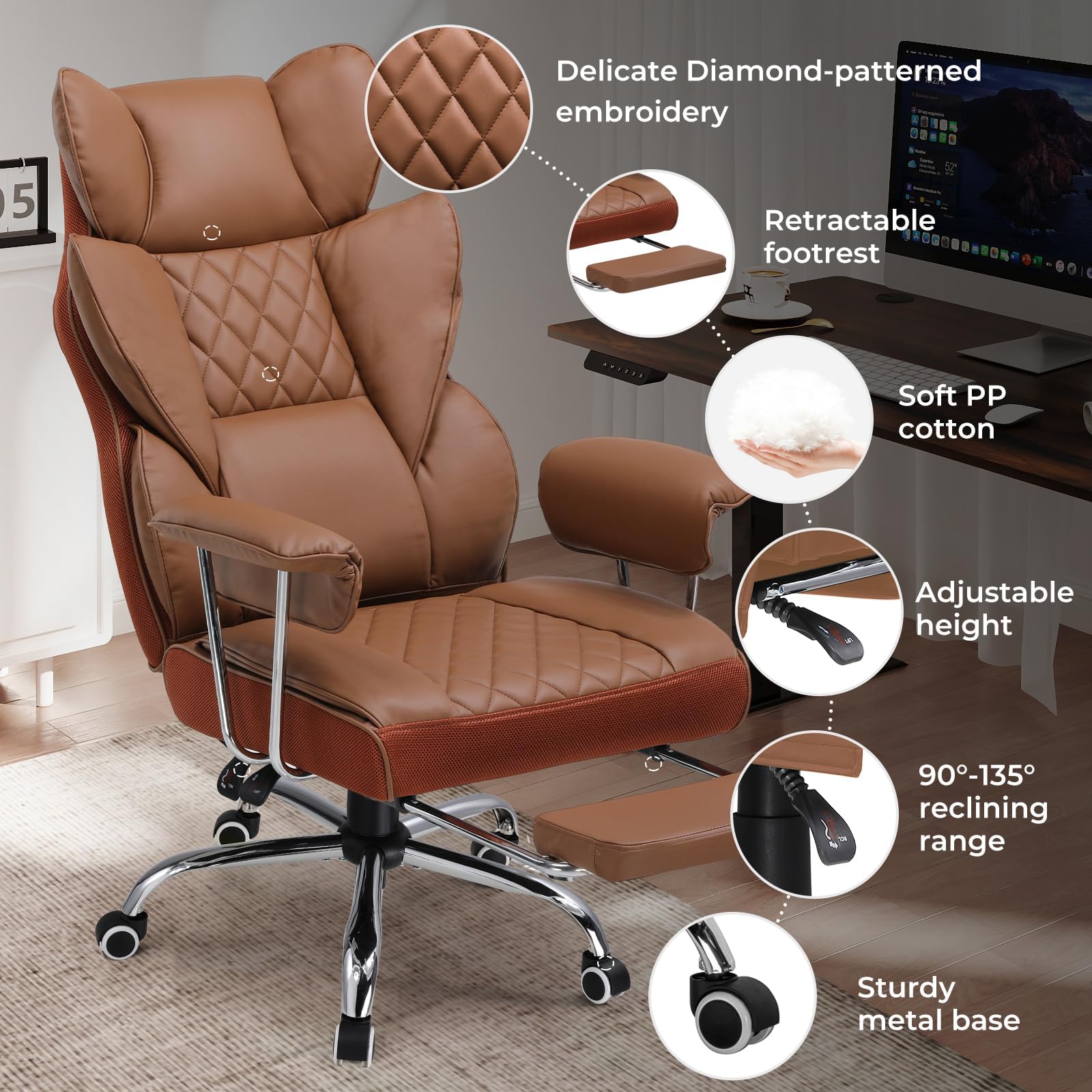 COMHOMA Big and Tall Gaming Chair with Pocket Spring Lumbar Support, Ergonomic Office Chair with Footrest, Executive Desk Chair with Outward Fixed Soft Armrests, Computer Chair with High Back,: Light Brown