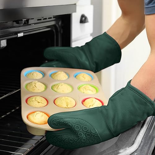 Vista 137 de Guantes de horno de silicona con forro de algodón acolchado – profesional resistente al calor olla de cocina soportes – 1 par, Negro