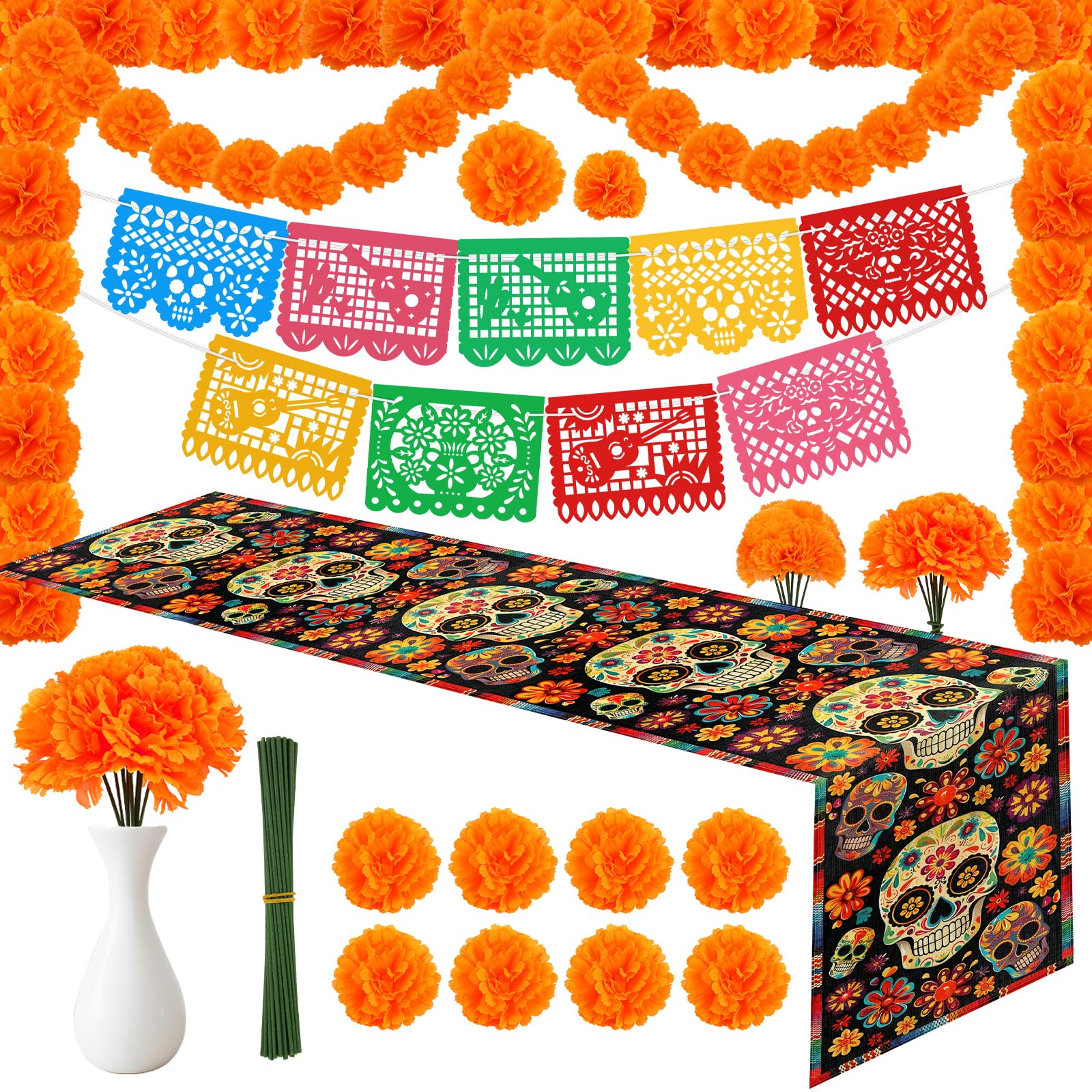 HOWAF Day of The Dead Banner Papel Picado Mexican Banner, Artificial Marigold Flowers Decoration, Table Runner for Diwali, Halloween, Dia De Los Muertos, Day of The Dead Decorations, Set C