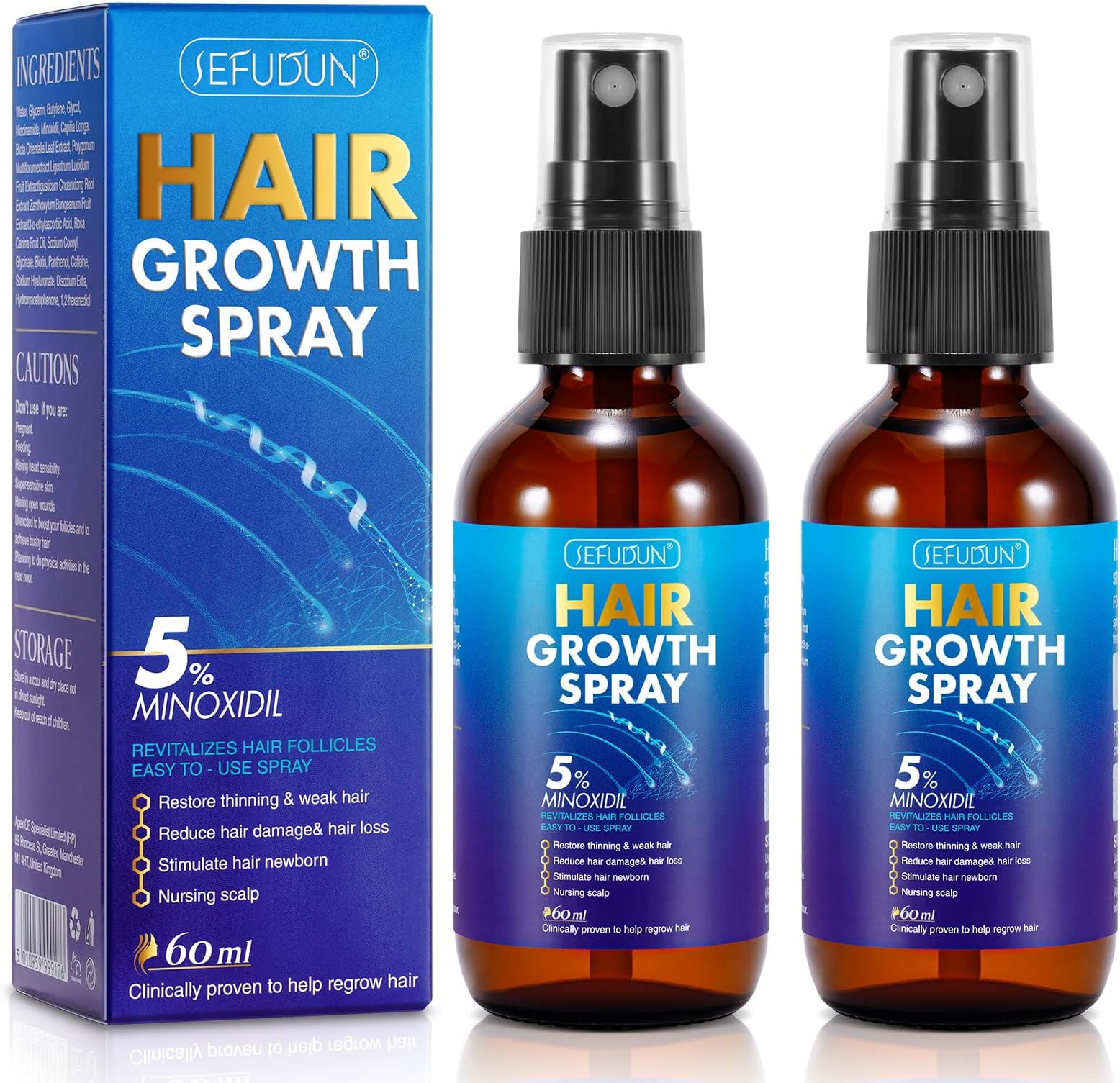 2 PACK 5% Minoxidil Hair Growth Spray for Thinning and Weak Hair, Scalp Treatment to Regrow Hair, Reduce Damage and Hair Loss for Men and Women, 2.02 OZ