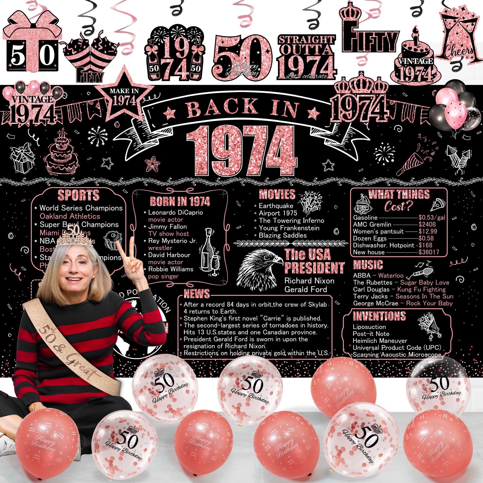 luck sea 28PCS 50th Birthday Decorations for Her Women - Includes Rose Gold Back in 1974 Banner Crown Sash Balloons Hanging Swirls Gift