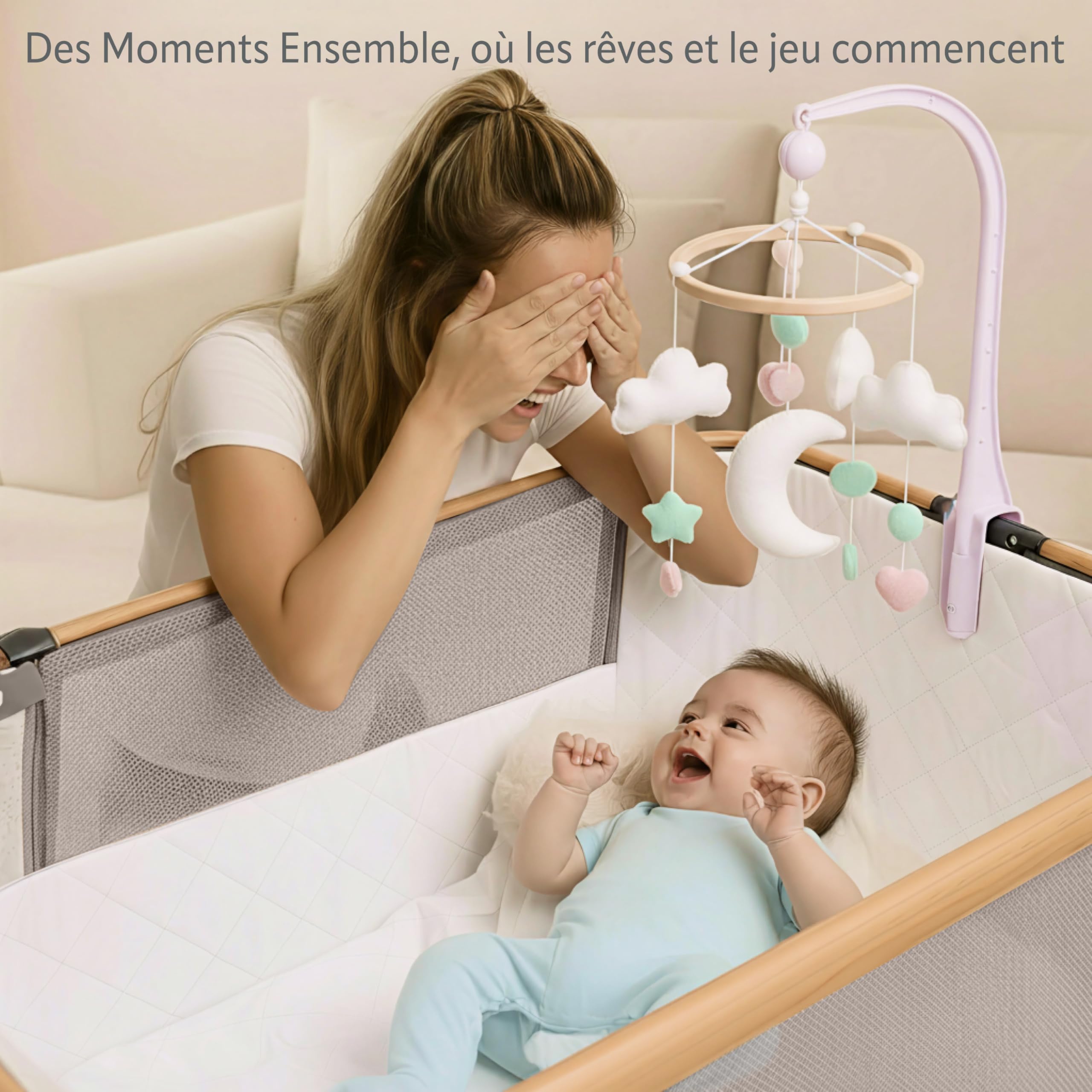 SnooBee Lit Bebe Berceau Cododo Bébé Réglable – Lit Co-Sleeper Nouveau-né avec Matelas, 7 Niveaux de Hauteur, Roulettes, Côtés en Mesh Respirant, Pliable avec Sac de Transport, 0–6 Mois
