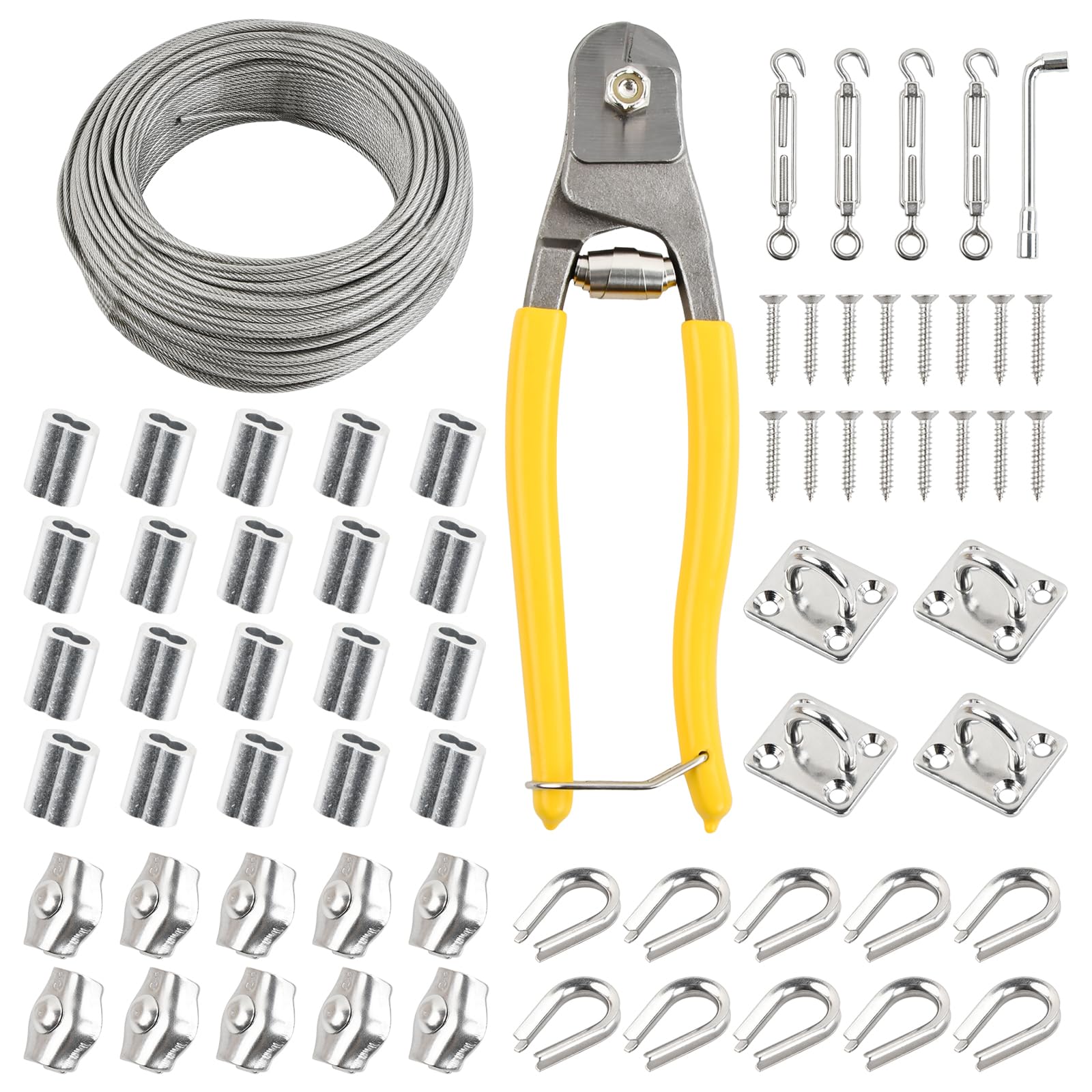 50m Serre Cable Acier, 67 Pcs Kit Gaine Cable 3mm 7x7 avec 4 Tendeur Cable, 20 Boucles Sertissage, 10 Cosses Cable, 10 Pinces, 4 Crochets Muraux, Clé, Coupe Fil, Cable Inox Rideau Fil Corde a Linge