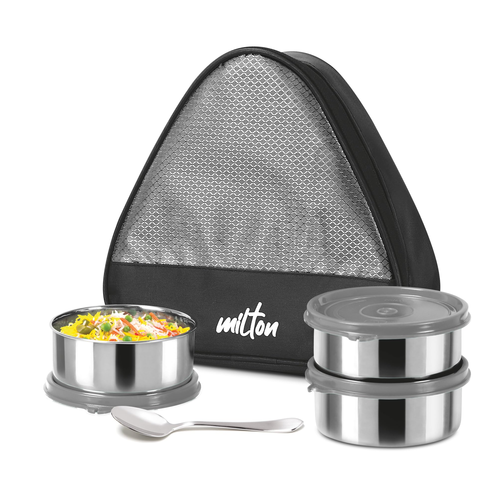 See full amazon price history chart for MILTON Trident Stainless Steel Lunch Box (3 Leak Proof Round Containers, 320 ml Each, 1 Spoon) with Insulated Jacket, Grey MILTON Trident Stainless Steel Lunch Box (3 Leak Proof Round Containers, 320 ml Each, 1 Spoon) with Insulated Jacket, Grey (B0CXPLDPF1) Amazon Price History, Amazon Price Tracker