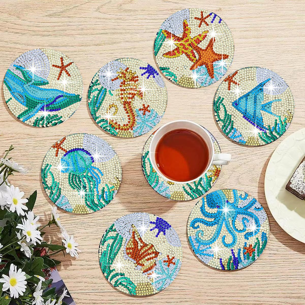 Dmiuhbl 8 sottobicchieri per pittura a diamante con supporto fai da te con luna e diamanti kit per principianti, adulti e bambini, forniture artistiche regali
