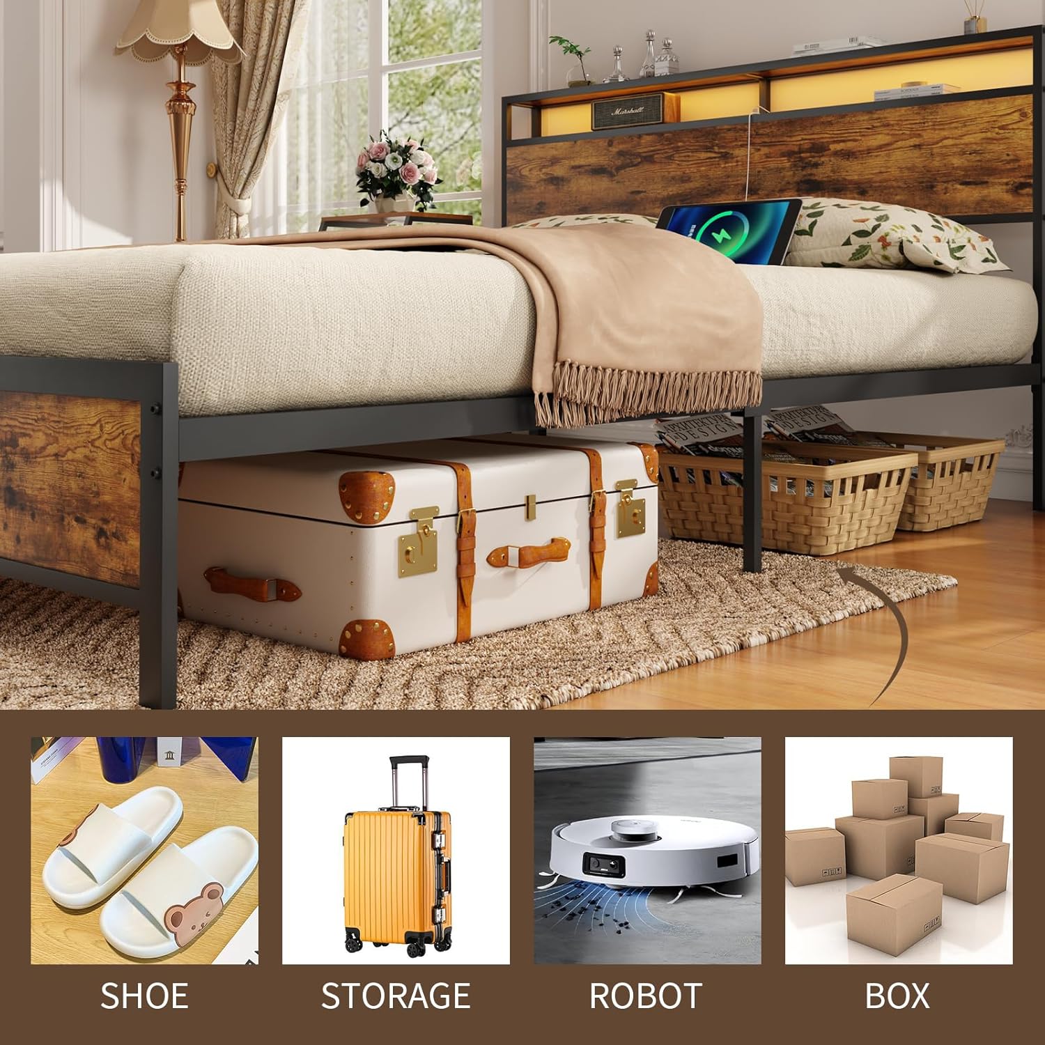 Modern Industrial Bed Frame with LED Lights,2-Tier Storage Headboard Charging Station,Industrial Metal Platform Outlets & USB Ports,Noise Free,No Box Spring Needed, Brown, Full