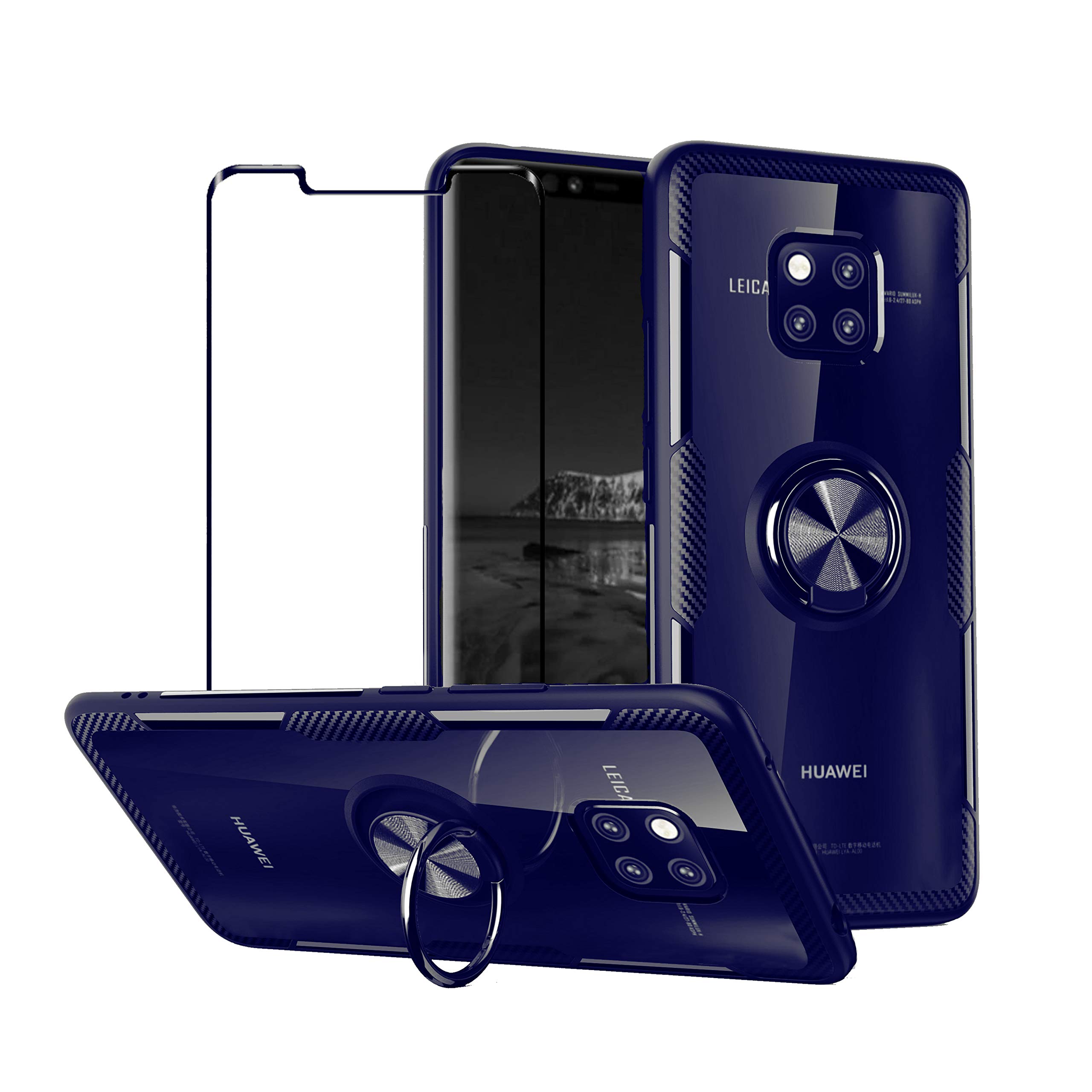 2ndSPringCase for Huawei Mate 20 Pro with Tempered Glass,Slim Silicone Soft TPU Bumper Hard Transparent Back Cover Shell with Metal Ring Magnetic Kickstand,Blue