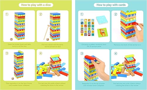Miniatura 8 de Juego de bloques de madera Tookyland para apilar, colorido clásico tumbling Tower juego de equilibrio con patrones de animales para niños de 3 años