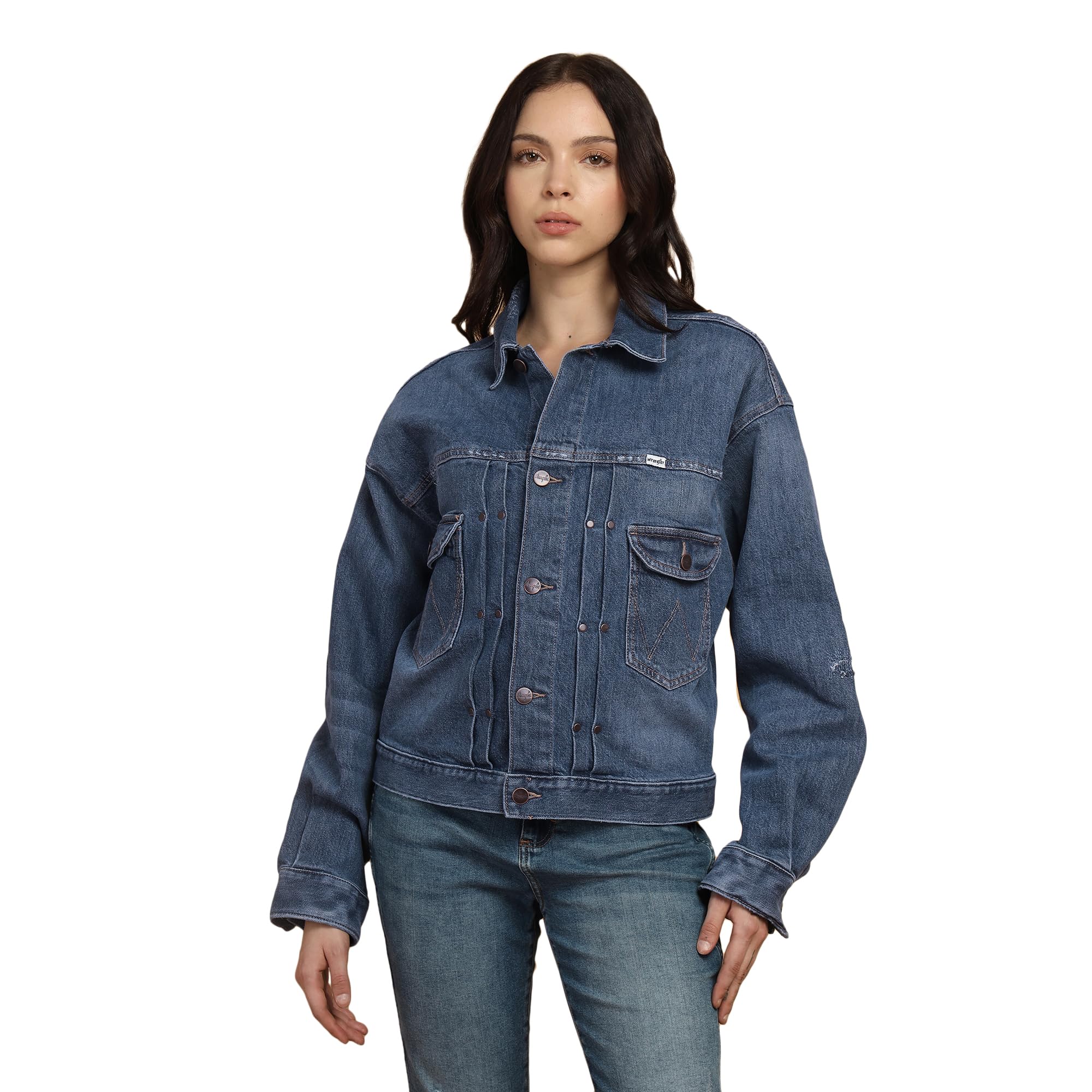 Wrangler Women Solid Blue Relaxed Fit Jacket in blue
