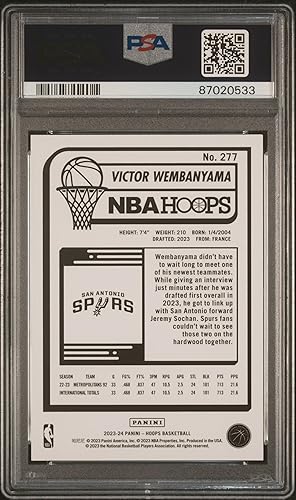 Miniatura 2 de Victor Wembanyama PSA 9 2023 Hoops #277 San Antonio Spurs Rookie Card San Antonio Spurs