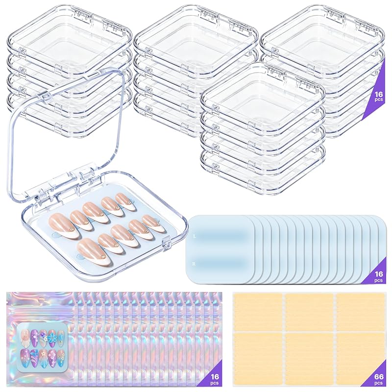 Raisetip Kit com 16 Estojos para Unhas Postiças, 16 Bolsas Holográficas, 16 Cartões de Exibição e 66 Fitas Adesivas