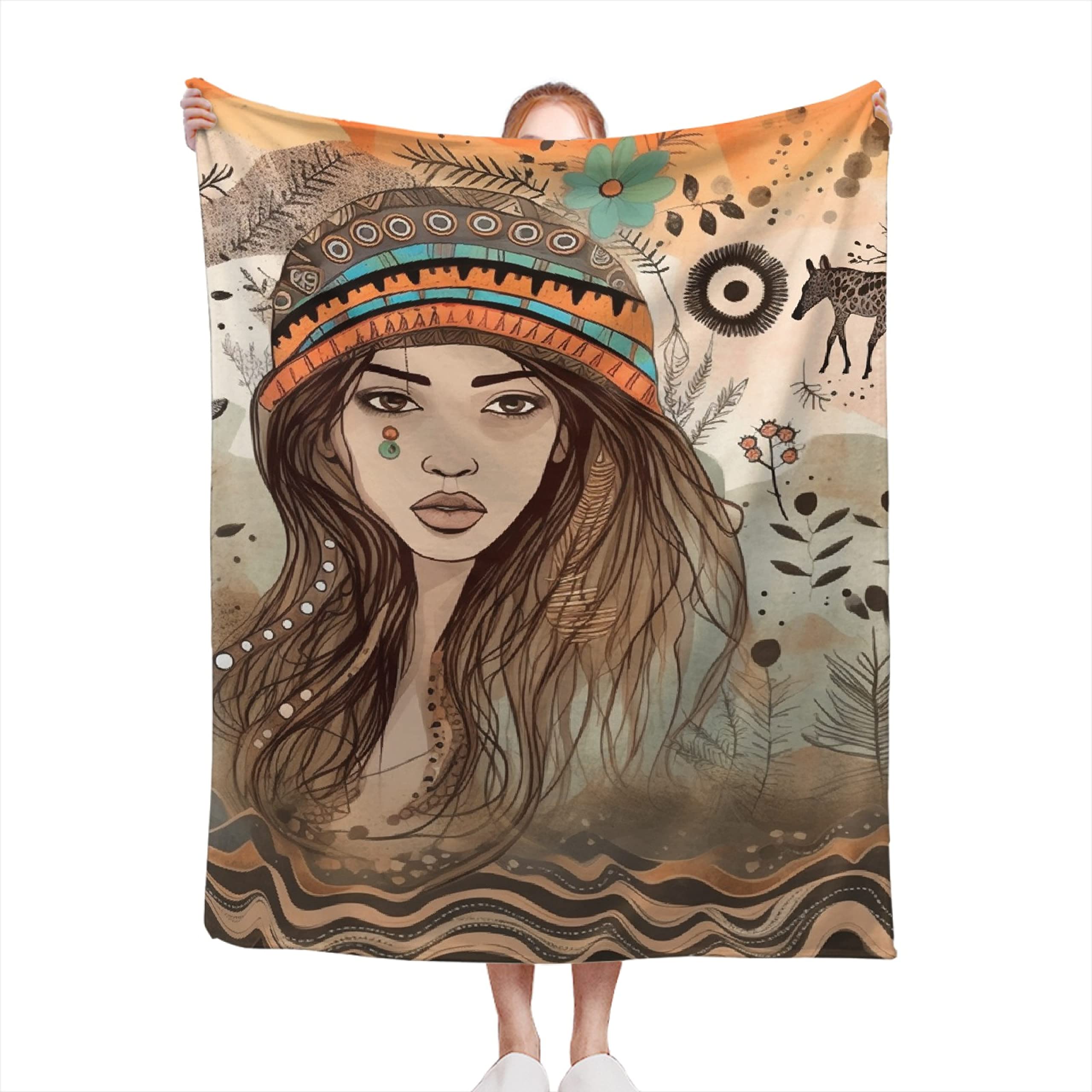 African Art Girl Blanket 50"X40" Gift for Girls Kids Children Women Lady Animal Traditional