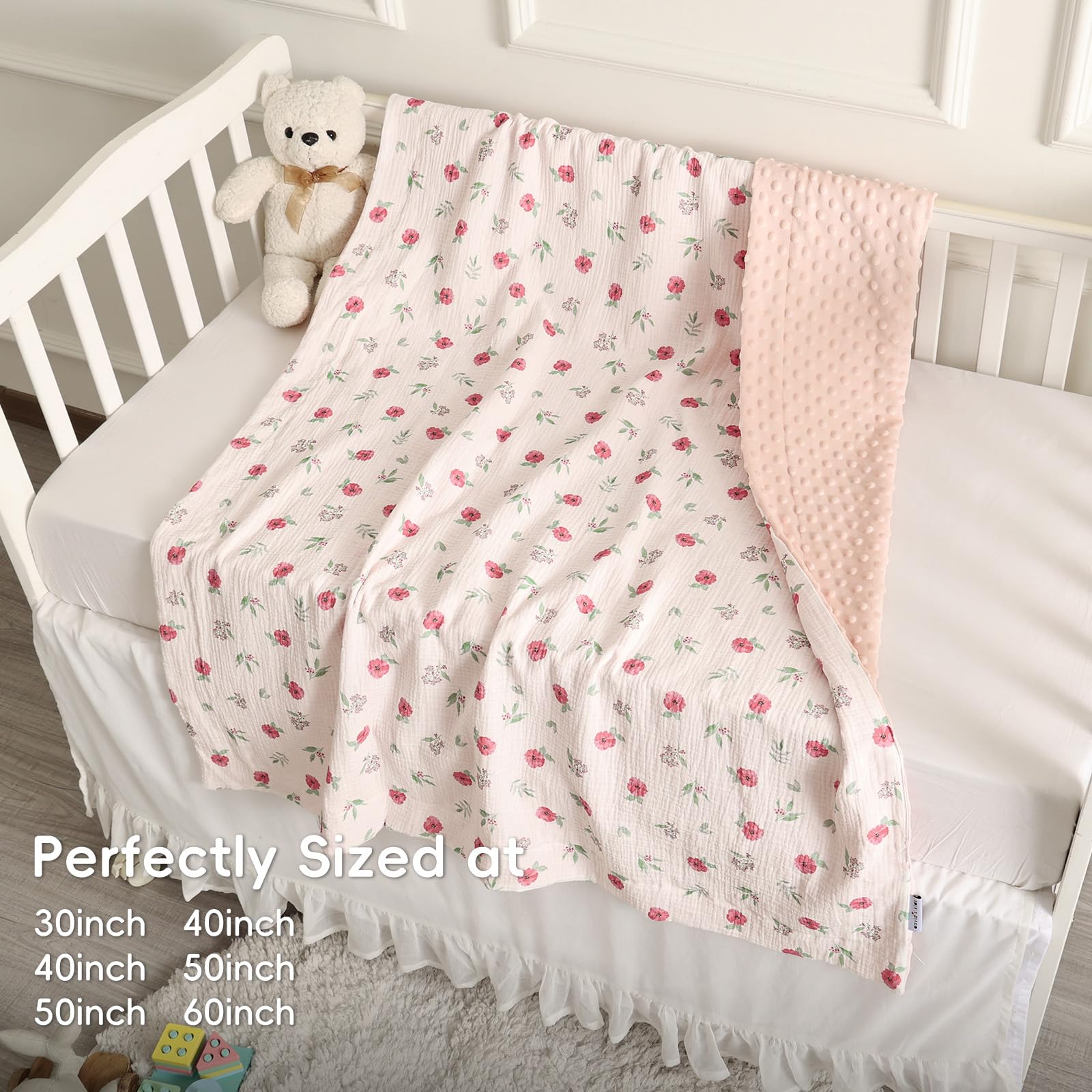 david's kids Manta de muselina Minky para bebé para niñas con parte delantera de algodón de muselina y forro polar punteado, transpirable y suave, manta de recepción ligera para recién nacidos, 76 x