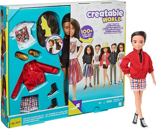 Creatable World Deluxe Character Kit DC-557 Muñeca personalizable con pelo ondulado marrón oscuro, 6 piezas de ropa de muñeca, 3 pares de zapatos y