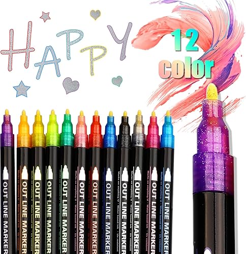 Juego de rotuladores con purpurina de 12 colores, marcador de contorno súper squiggles con punta media, impermeable, para hacer tarjetas, dibujo