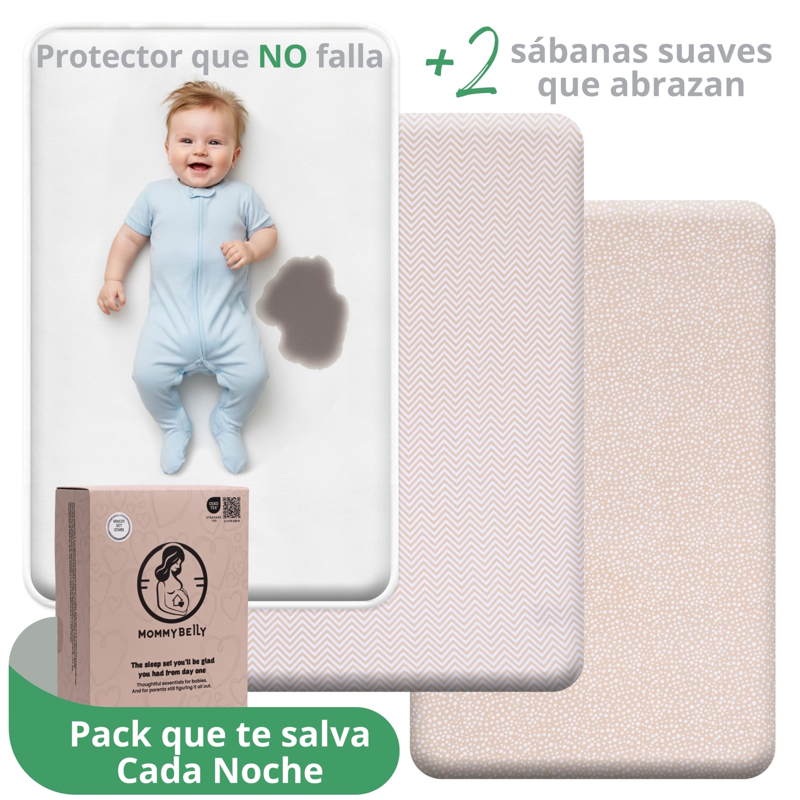 Set Sabanas Cuna 70x140. 2 Sabanas Bajeras de Algodon Jersey + 1 Protector de Colchon Impermeable de Rizo para Cama Bebe. Certificado OekoTex. Estampado Beige 140 x 70