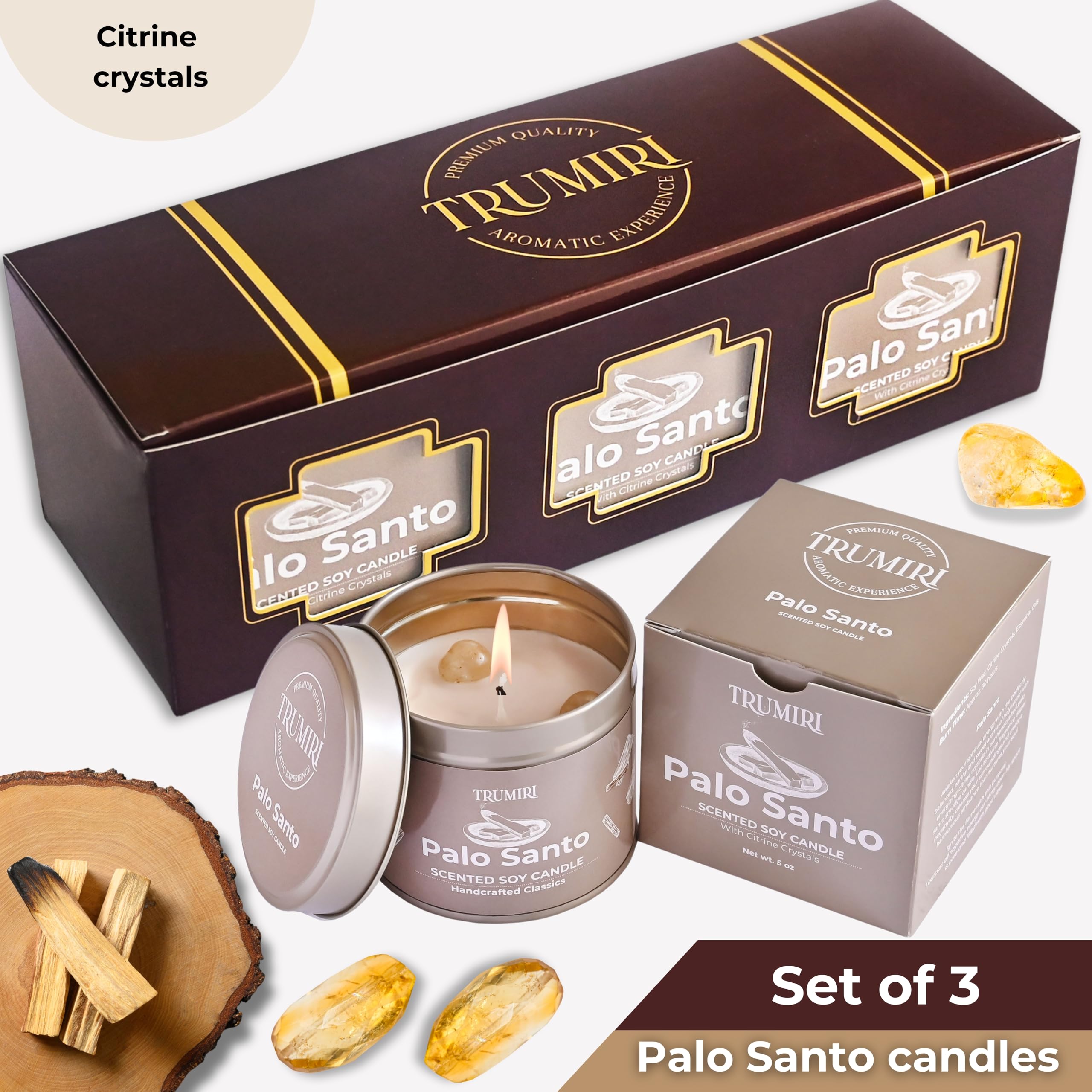 Palo Santo Kerze für Zuhause – stark duftend mit Citrin-Kristallen – Packung mit 3 x 142 g Sojawachs, organisch, ungiftig, für Aromatherapie, Entspannung, Meditation, Raumdekoration für Männer,