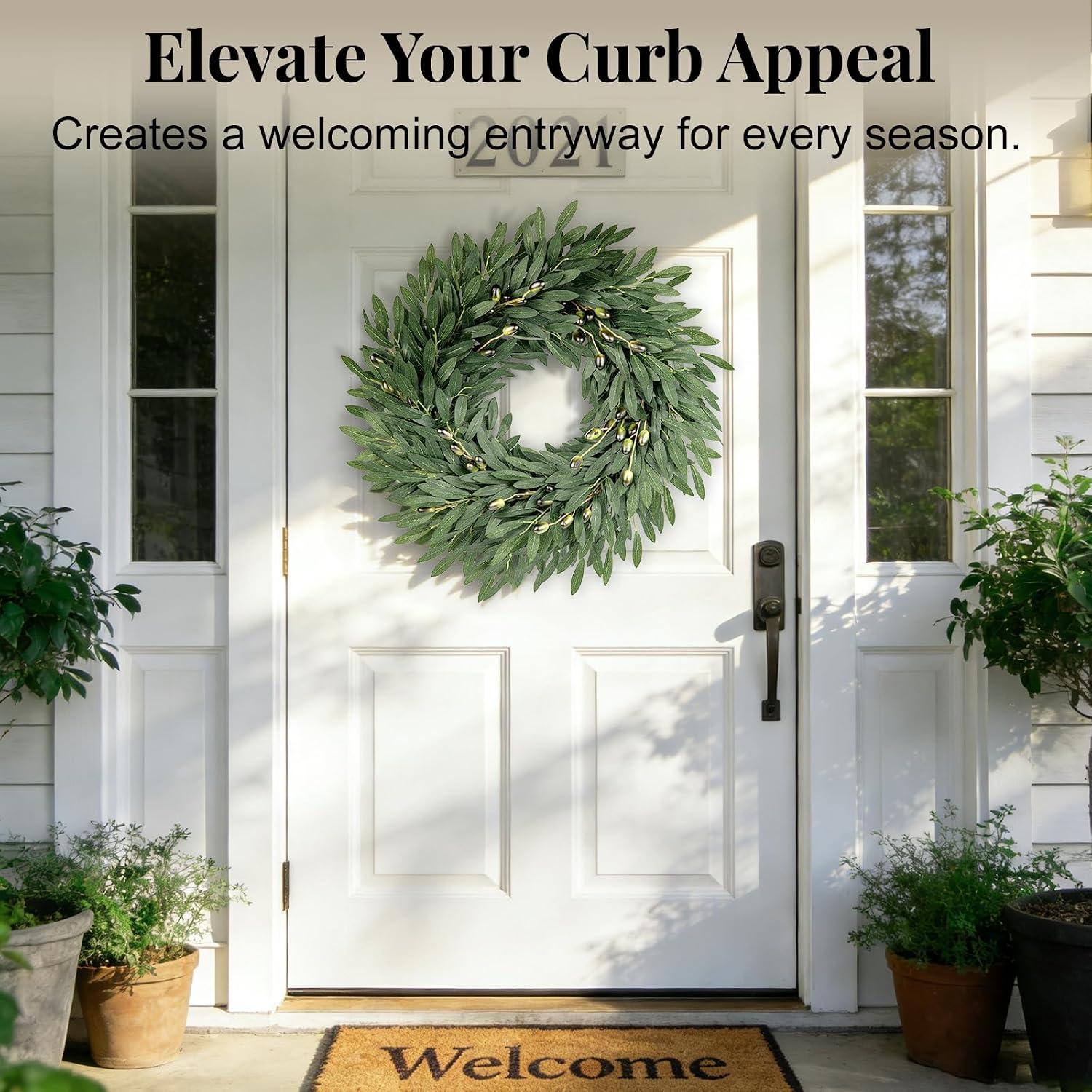 24 Inch Olive Wreath for Front Door, Spring Summer Wreaths for Front Door with Faux Grapevine Base, Artificial Greenery Wreath for Year Round Farmhouse Porch Wall Window Decor