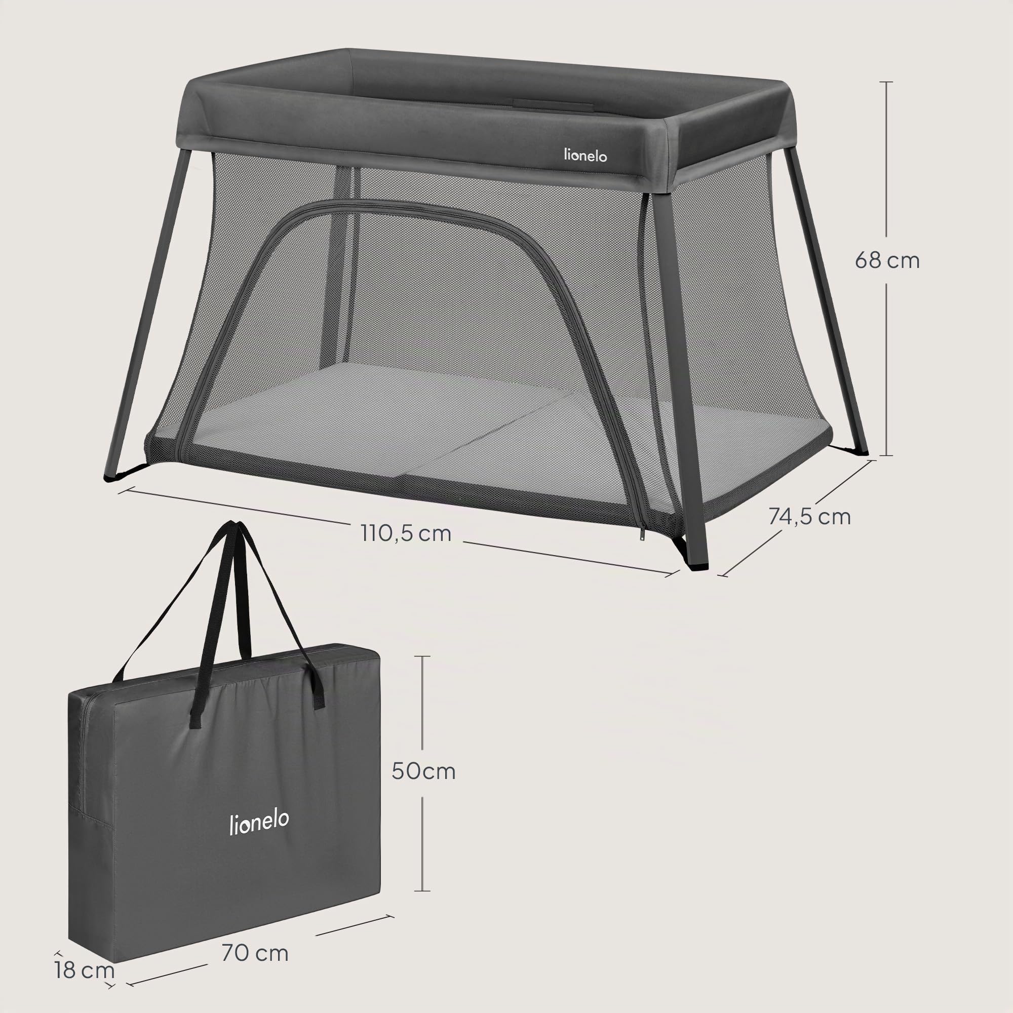 lionelo Cuna de Viaje Parque Cuna Bebe 3 en 1 Alice de 0 a 15 kg Colchón de Espuma, 2 Niveles de Altura, Plegable, Pequeña, Ligera, Entrada Lateral, Bolsa de Viaje