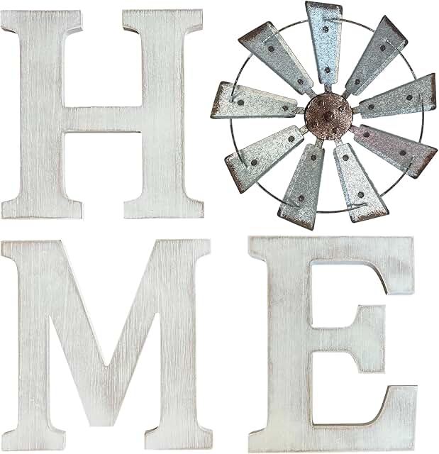 Farmhouse Wall Decor – Home Letters Sign with Rustic Metal Windmill & Wh...