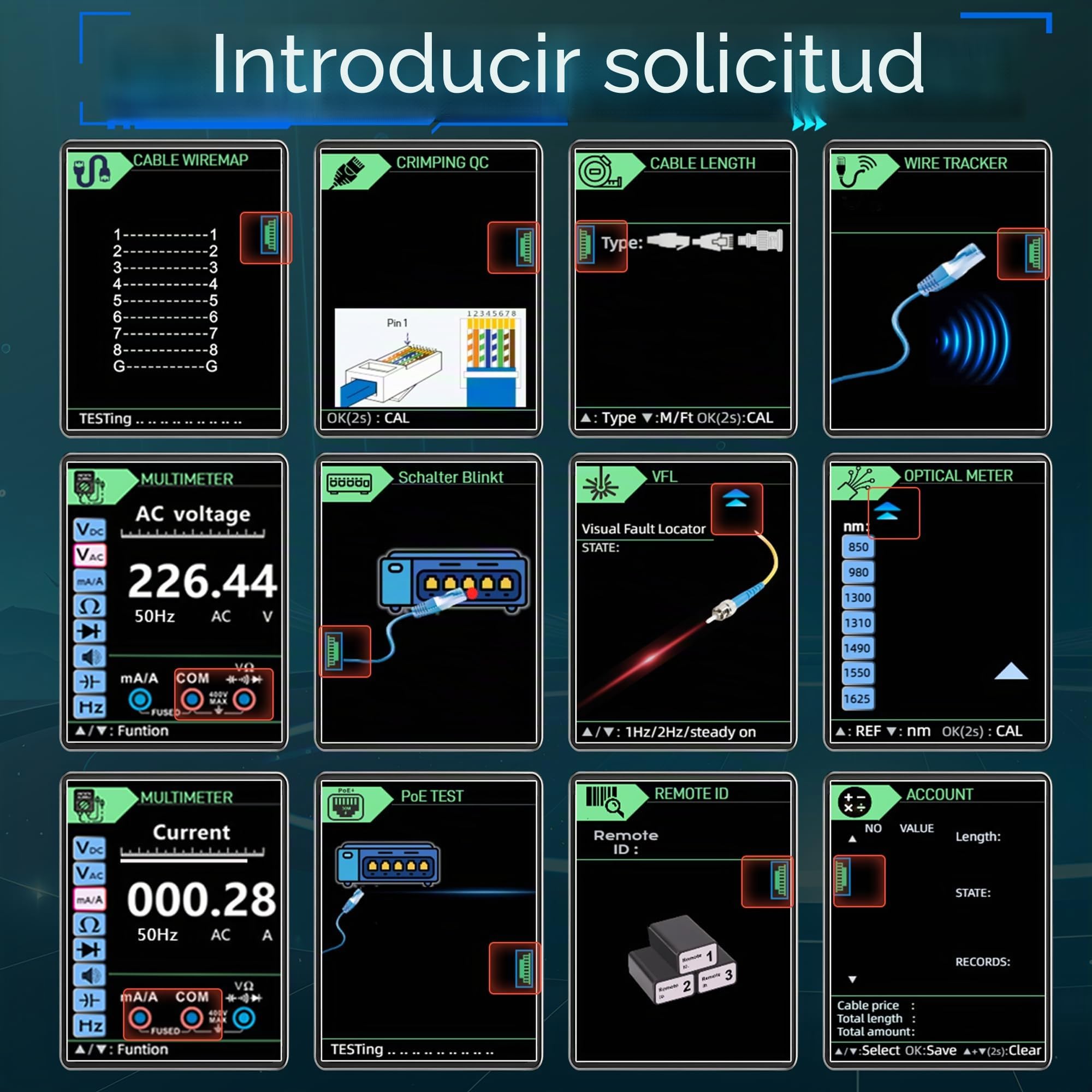 ET738 Comprobador de cable de red con multímetro Múltiples funciones | Función PoE Cable Óptico Medidor Tracer Longitud Cable Medición