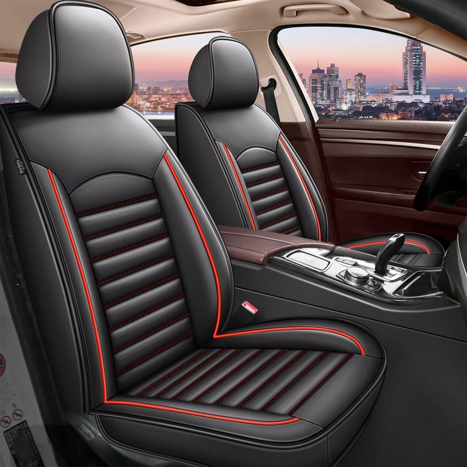 IKABEVEM Car Seat Cover Fit for Mitsubishi Eclipse Cross 2018-2025 2026 Black Faux 2 Front Seat Cover Airbag Compatible Waterproof Seat Cushion Automotive Interior Accessories(Red Line)