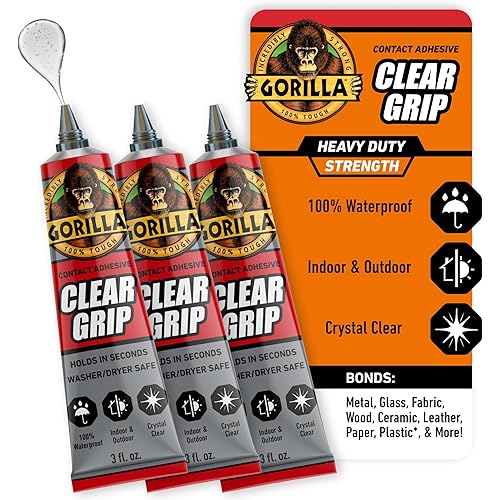Gorilla Clear Grip Waterproof Contact Adhesive; Fast-Setting; Waterproof; Flexible; Permanent Bond; 3 Ounce Tube; Crystal Clear (Pack of 3)