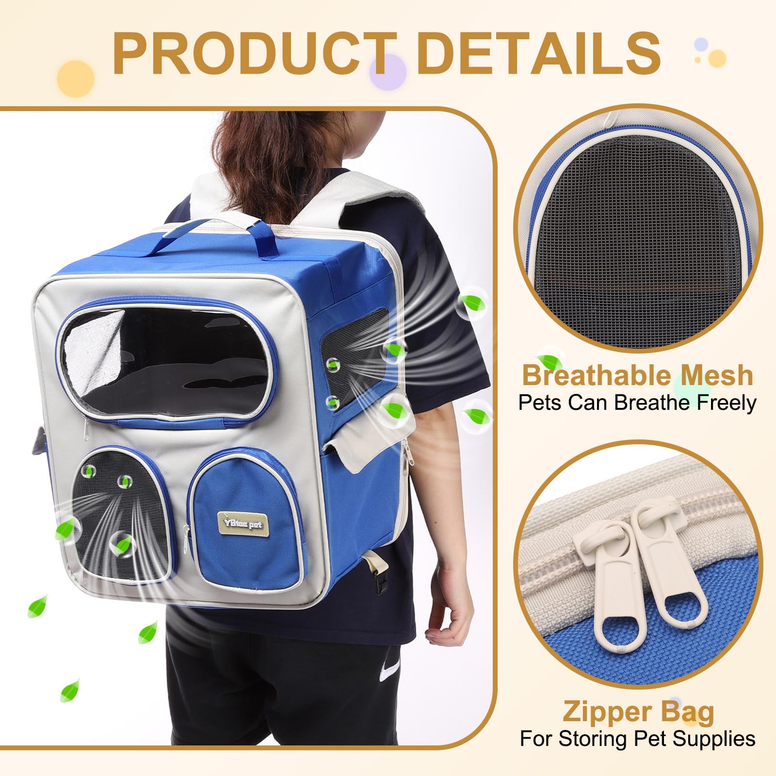 QUARKZMAN Mochila Transportadora para Mascotas Portátil Y Ventilada Bolsa De Viaje para Perros Gatos Y Animales Pequeños De Nylon 14.96" (Azul Marino 1 Pza) Ideal
