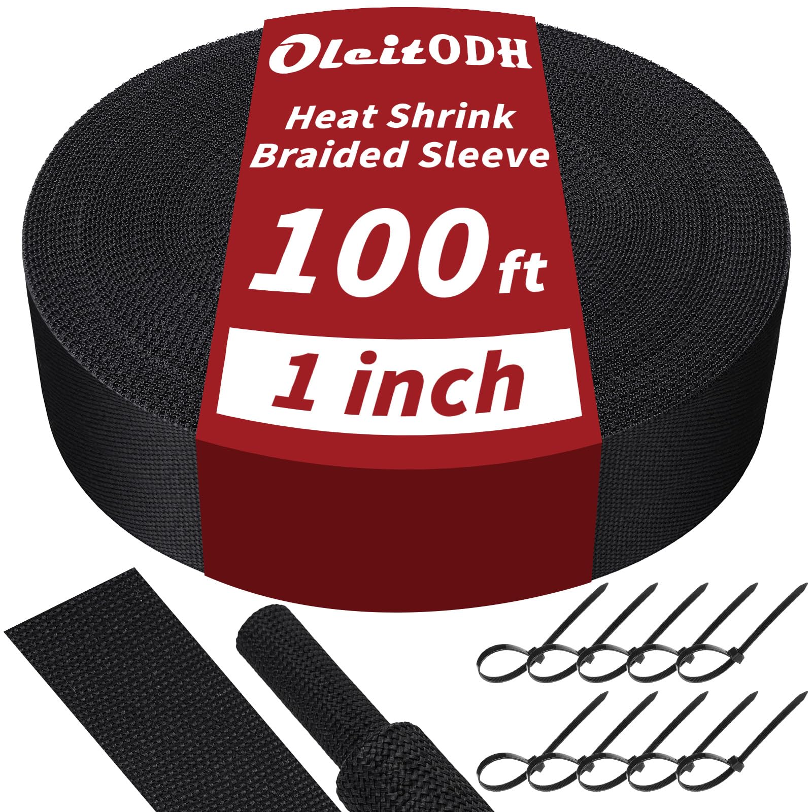 Oleitodh 100 ft 1 in 2:1 Heat Shrink Braided Sleeving, Black