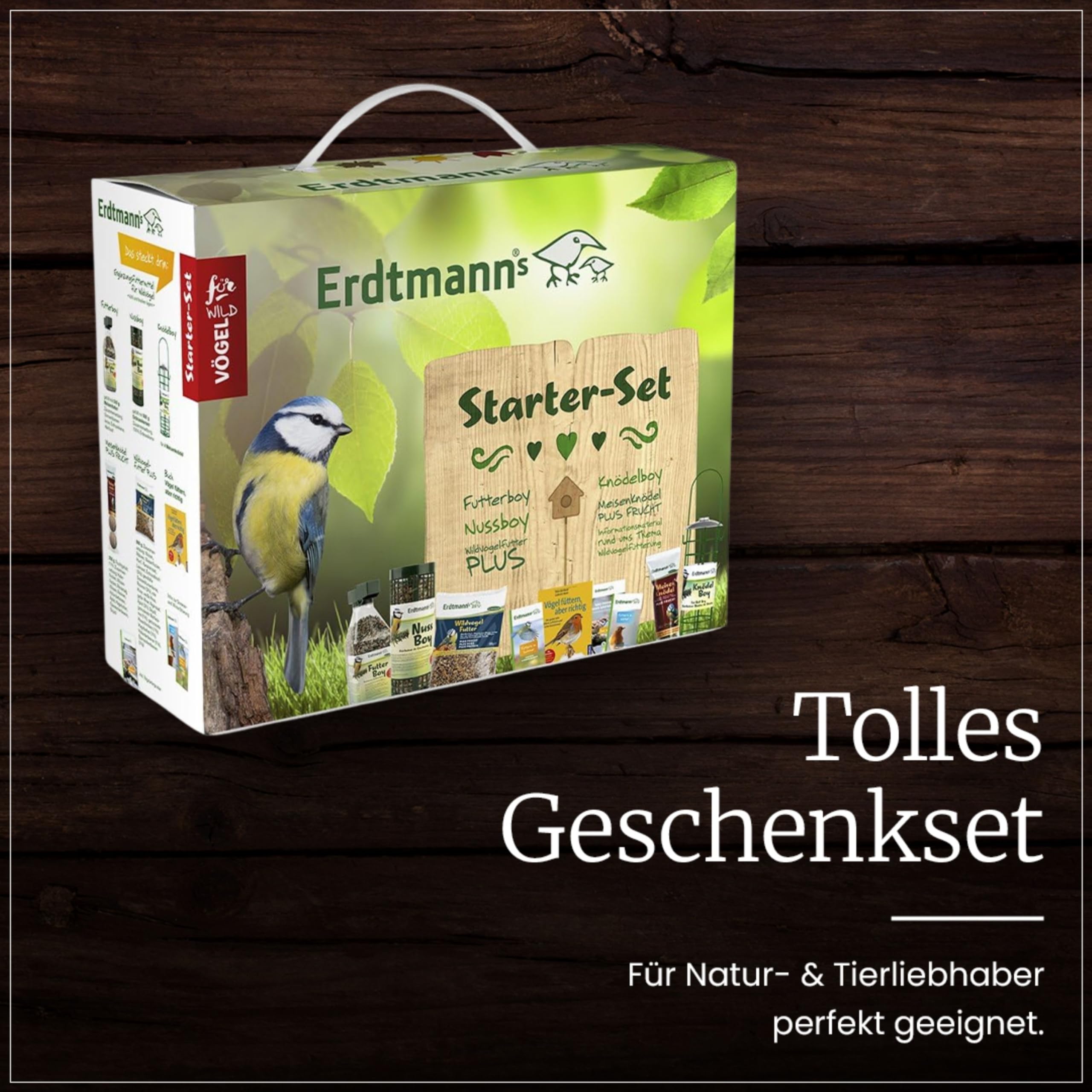 Erdtmanns Wildvogelfutter Starterpaket (1 x 2.15 kg) – mit Futterspender & Buch von Peter Berthold – inkl. Poster & Füttertipps für Sommer & Winter – Vogelfutter – Geschenkset für Naturfreunde